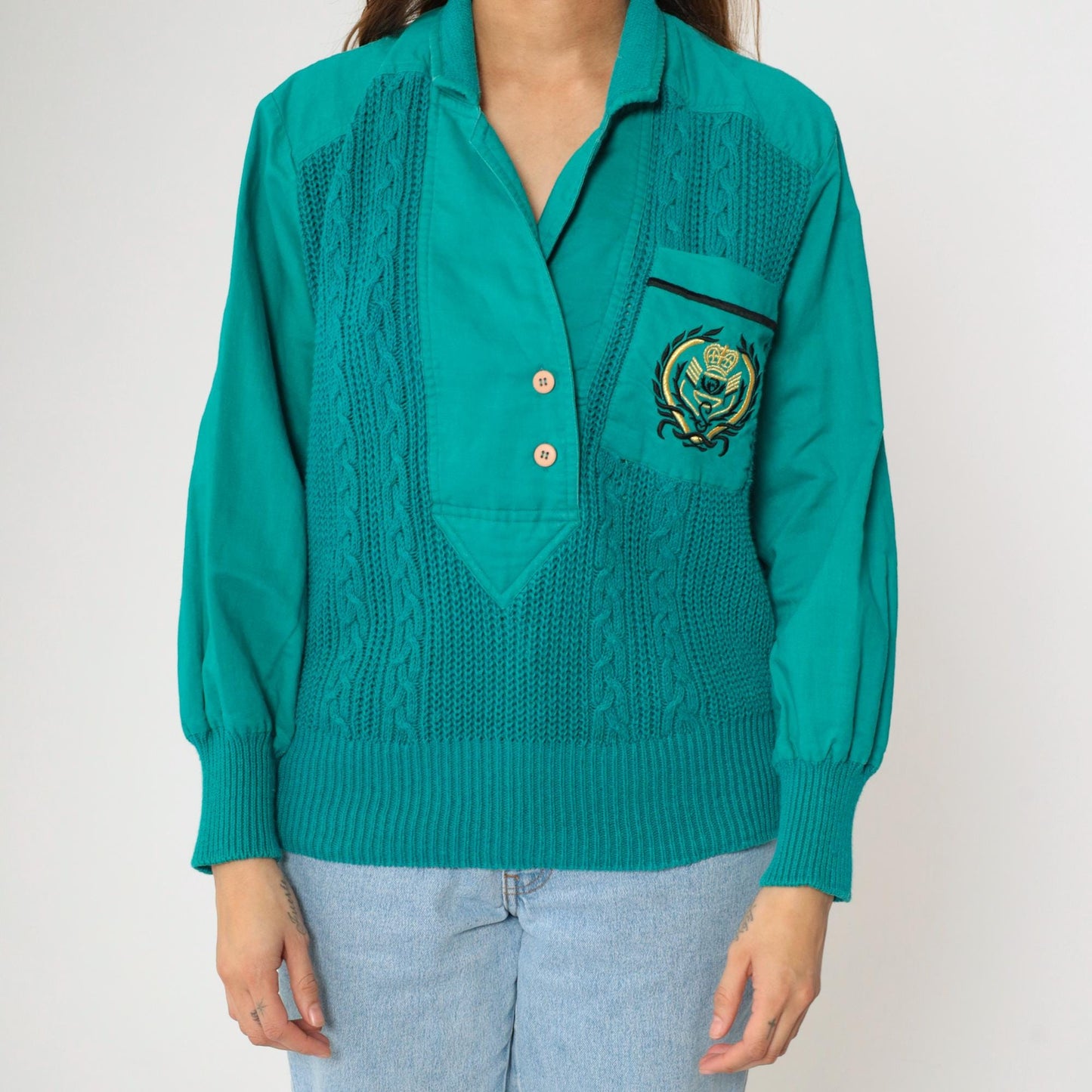 90s Teal Cable Knit Sweater Blouse Chest Pocket Ramie Cotton Medium