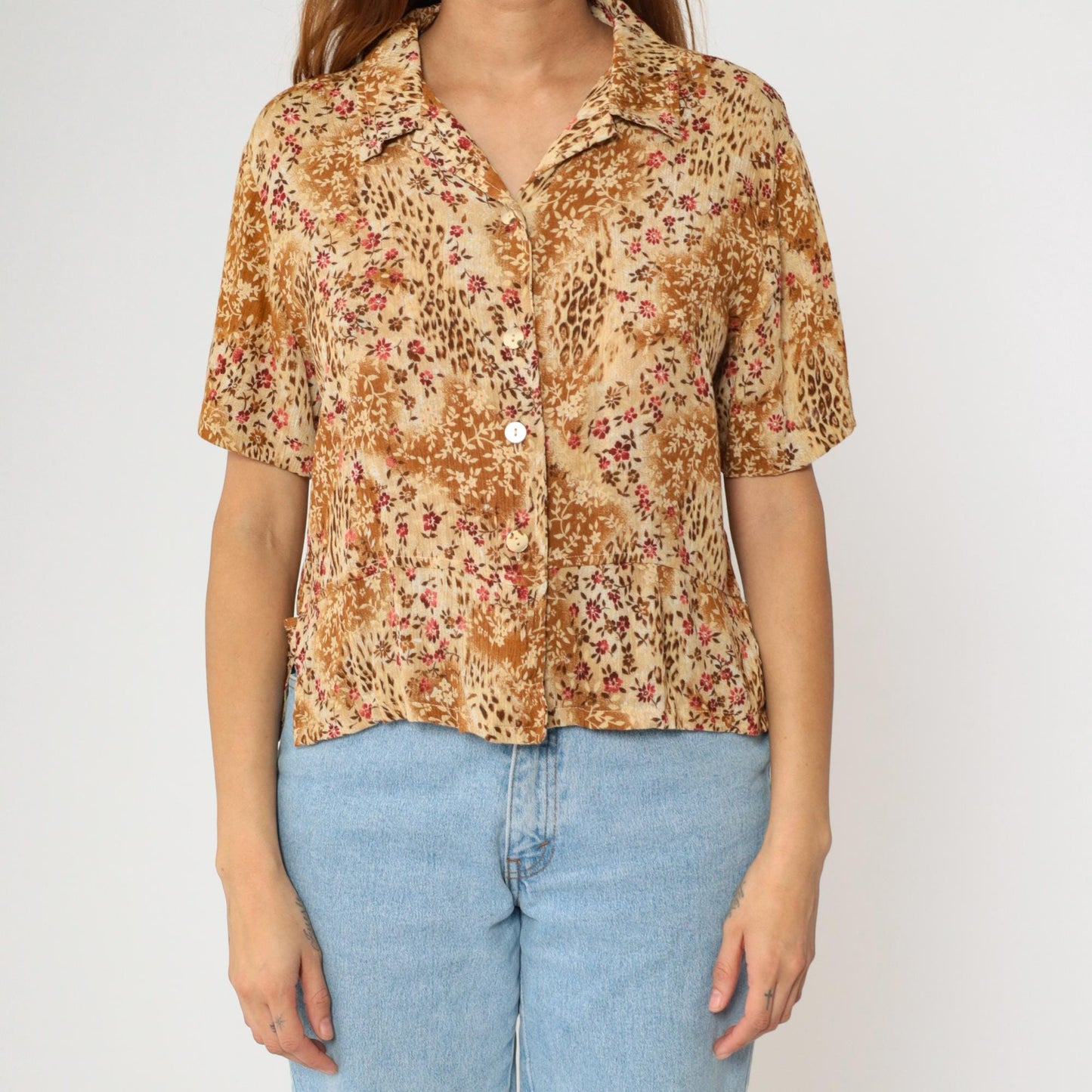 90s Kathie Lee Leopard Floral Button Up Blouse Tan Brown Short Sleeve Medium
