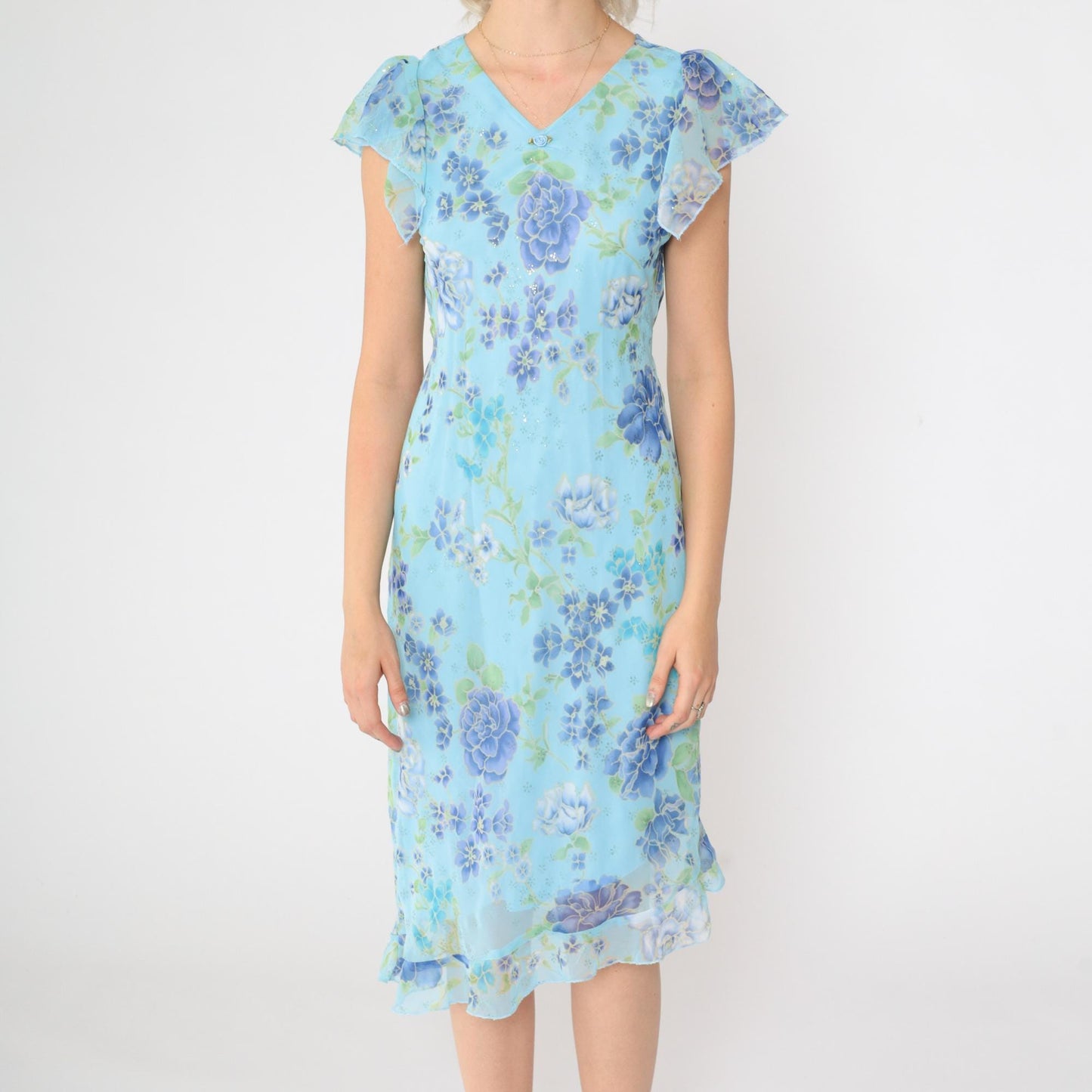 90s Blue Sparkly Floral Midi Dress Asymmetrical V-Neck Flutter Sleeve Small