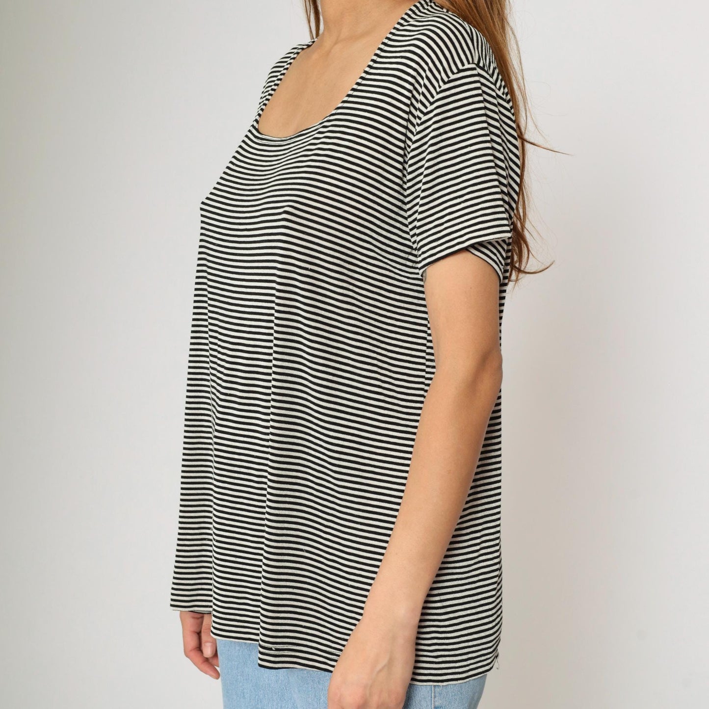 90s Black White Striped Scoop Neck Top Short Sleeve Plus Size XXL