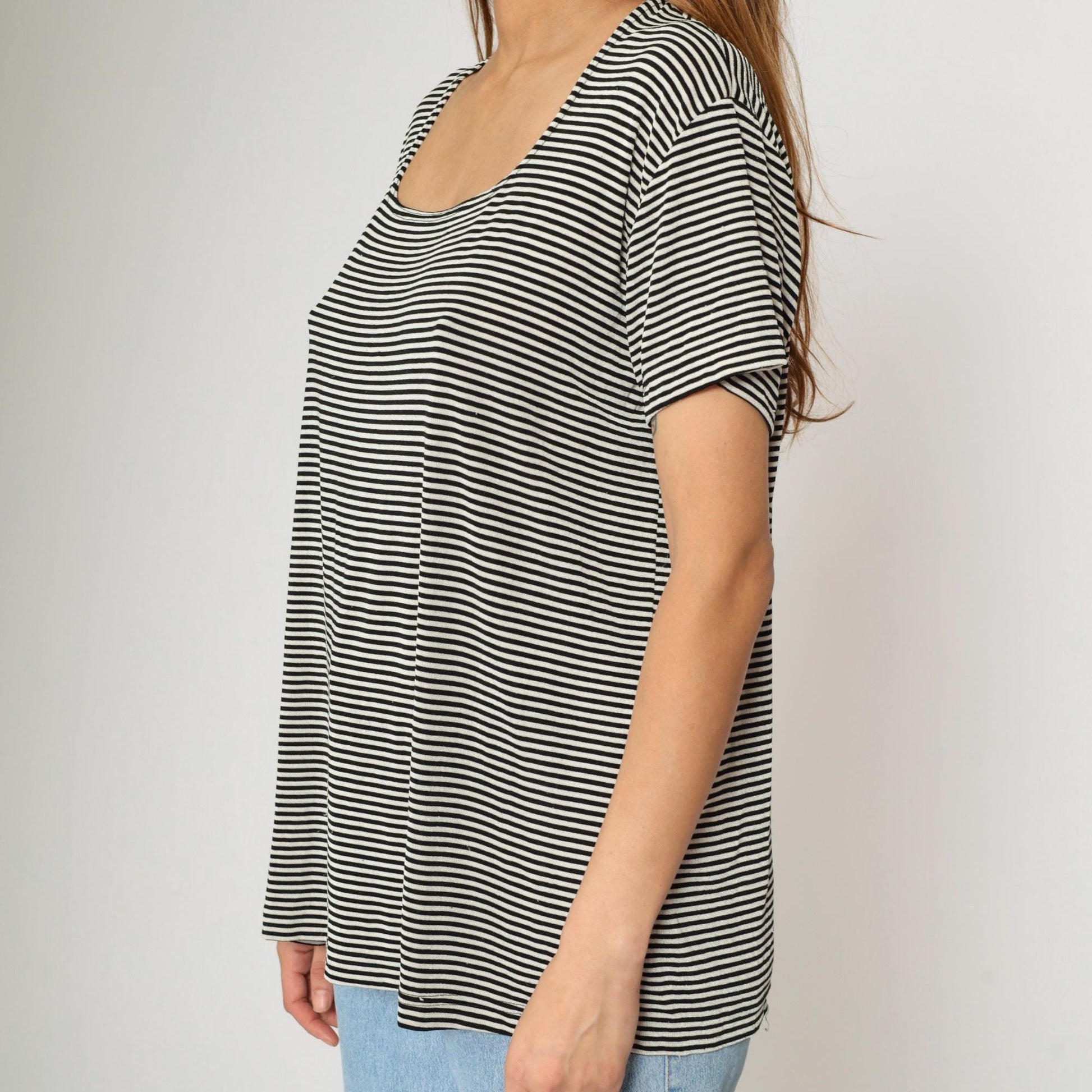 90s Black White Striped Scoop Neck Top Short Sleeve Plus Size XXL