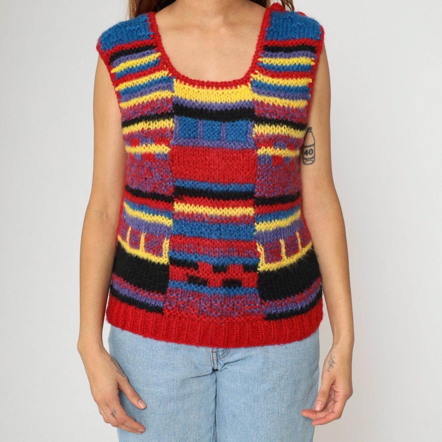 80s Checkered Knit Vest Red Blue Yellow Scoop Neck Sleeveless Small