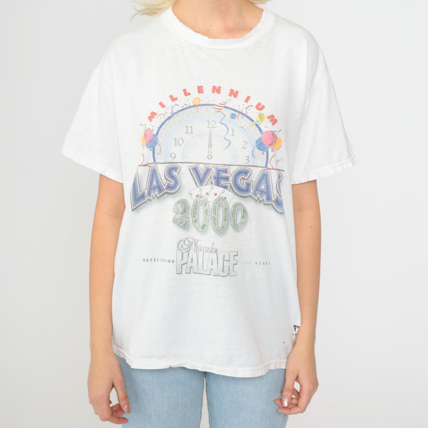 Y2K Las Vegas Nevada Palace Millennium Graphic Tee Distressed Cotton Medium