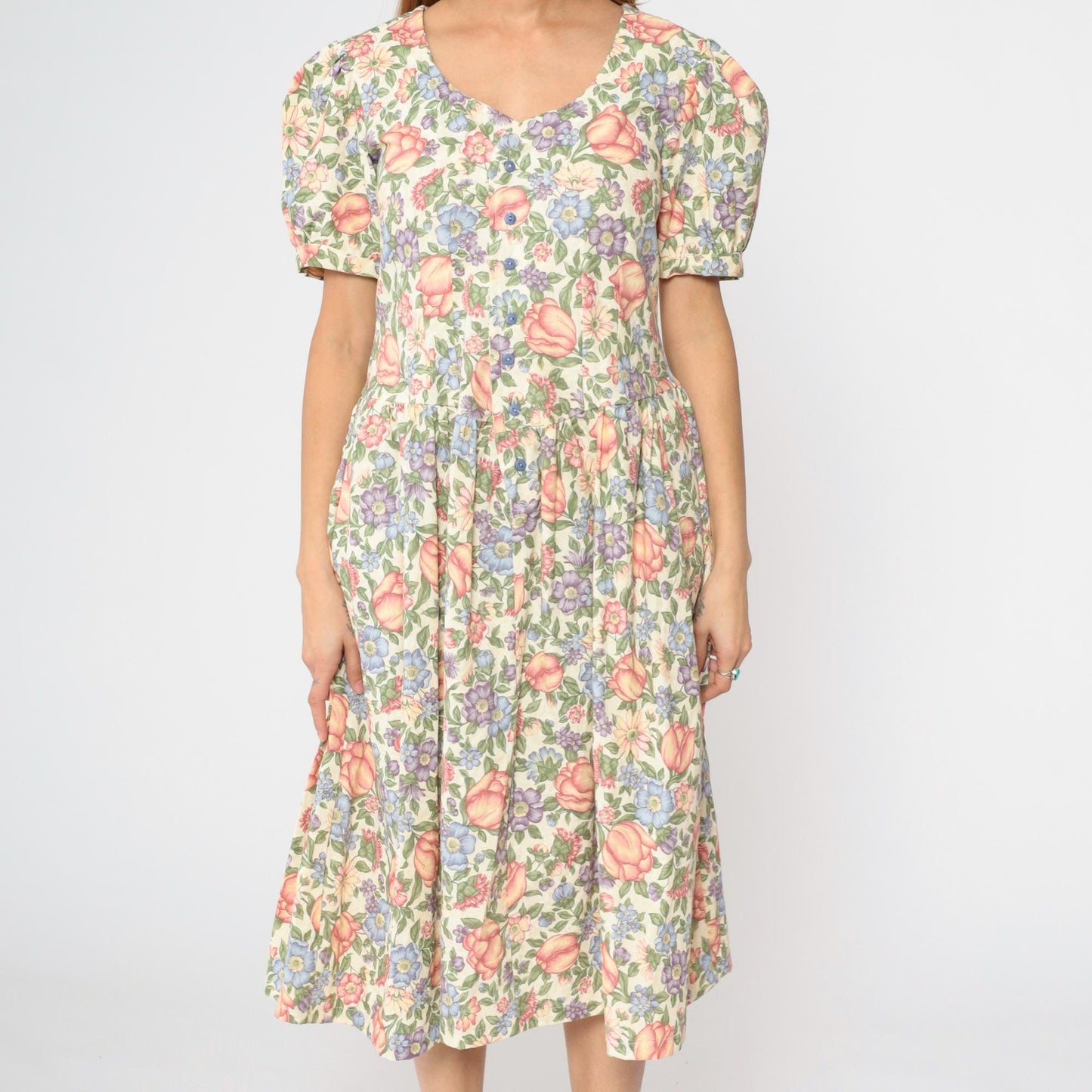 80s Floral Midi Dress Puff Sleeve Button-Up Cream Small Medium
