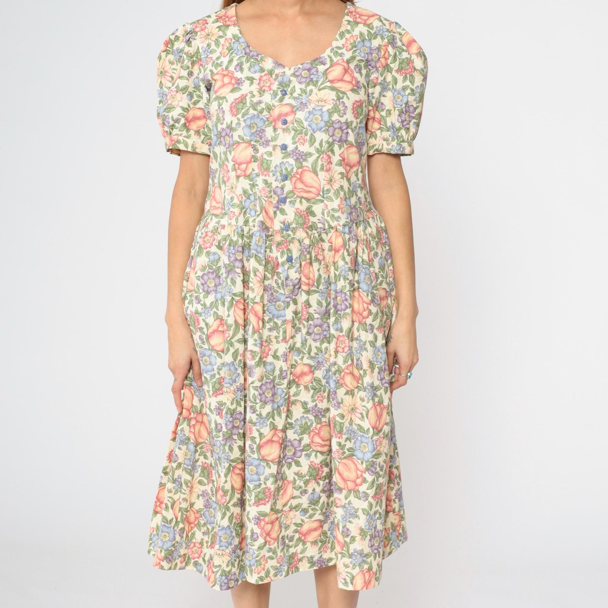 80s Floral Midi Dress Puff Sleeve Button-Up Cream Small Medium