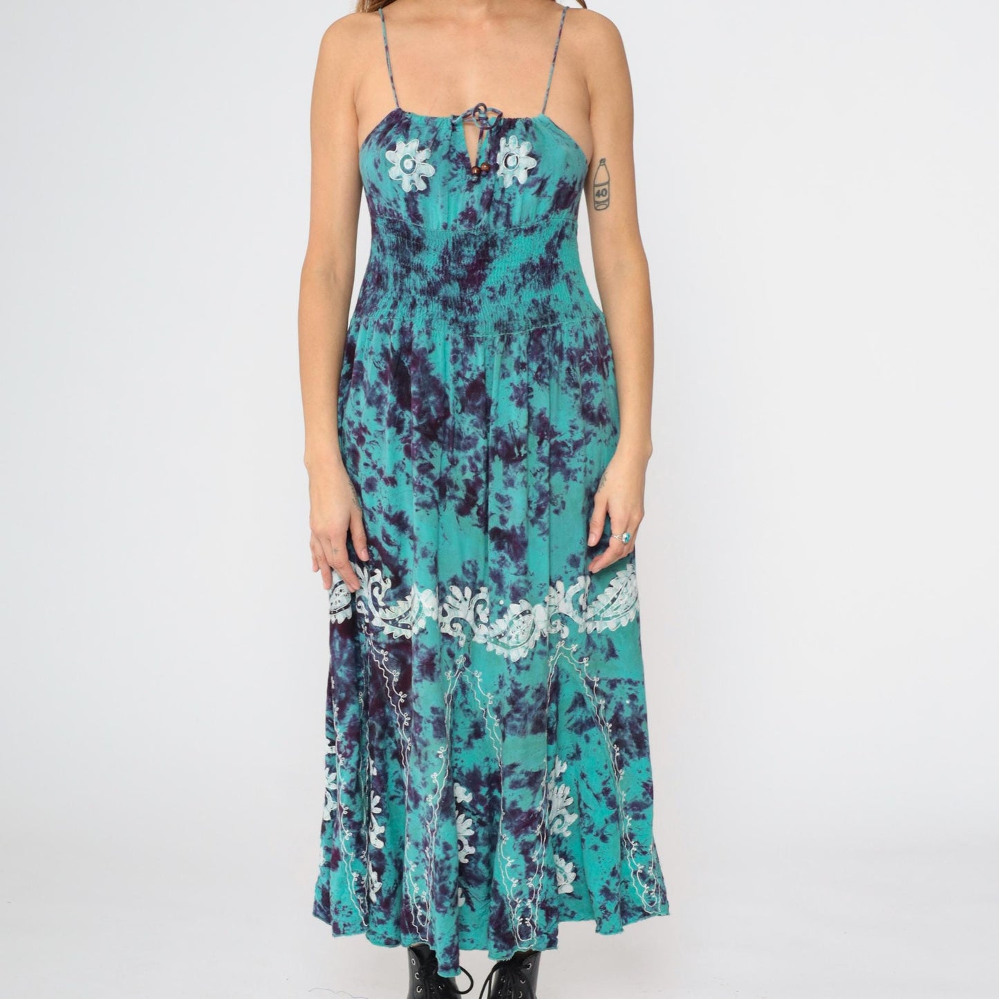 90s Tie Dye Midi Sun Dress Turquoise Purple Smocked Spaghetti Strap Small Medium
