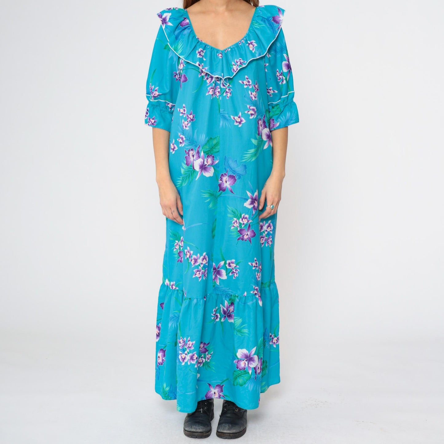 80s Blue Tropical Floral Maxi Dress 3/4 Sleeve Flounce Hem Medium