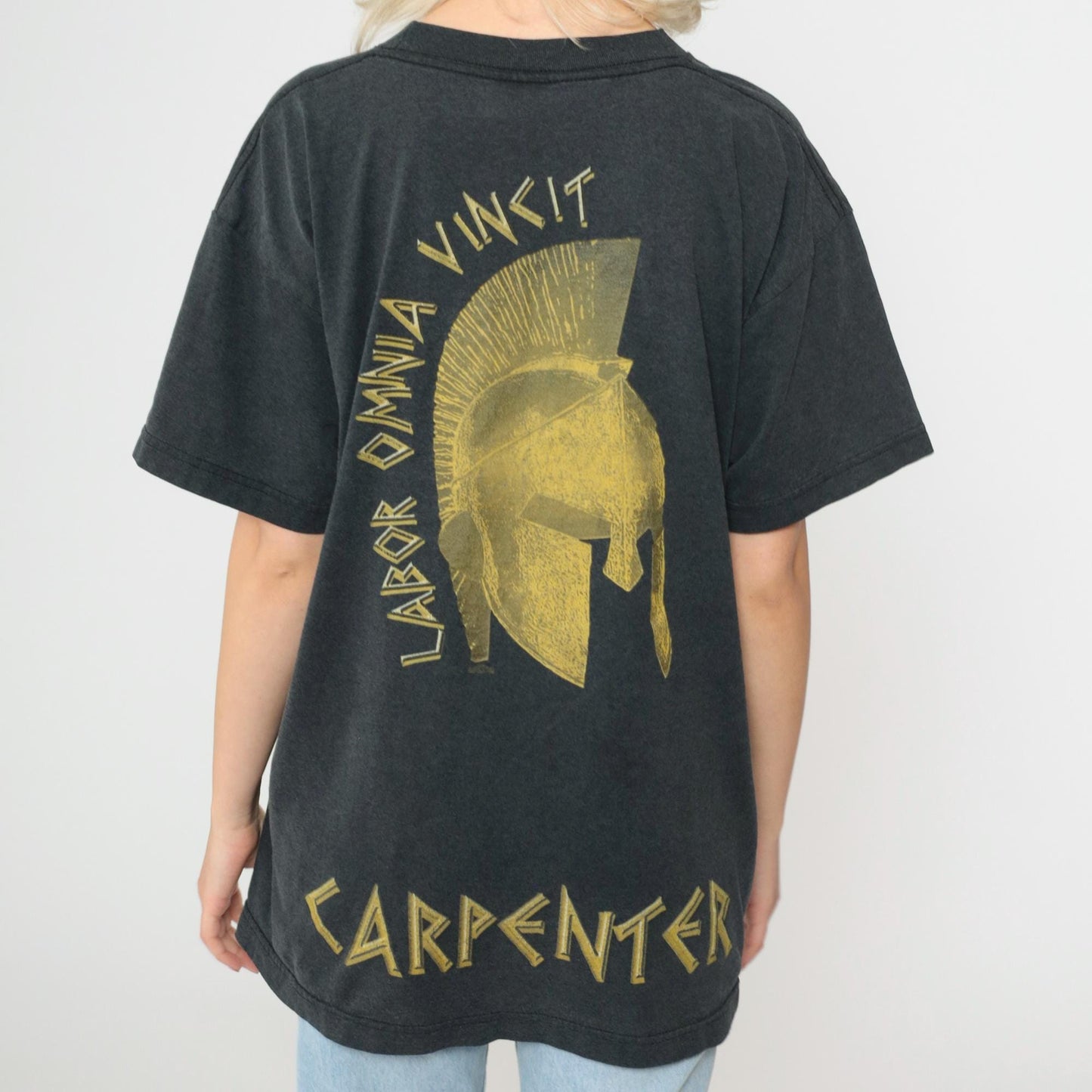 90s Carpenter T-Shirt Spartan Helmet Labor Omnia Vincit Gold Charcoal Large L