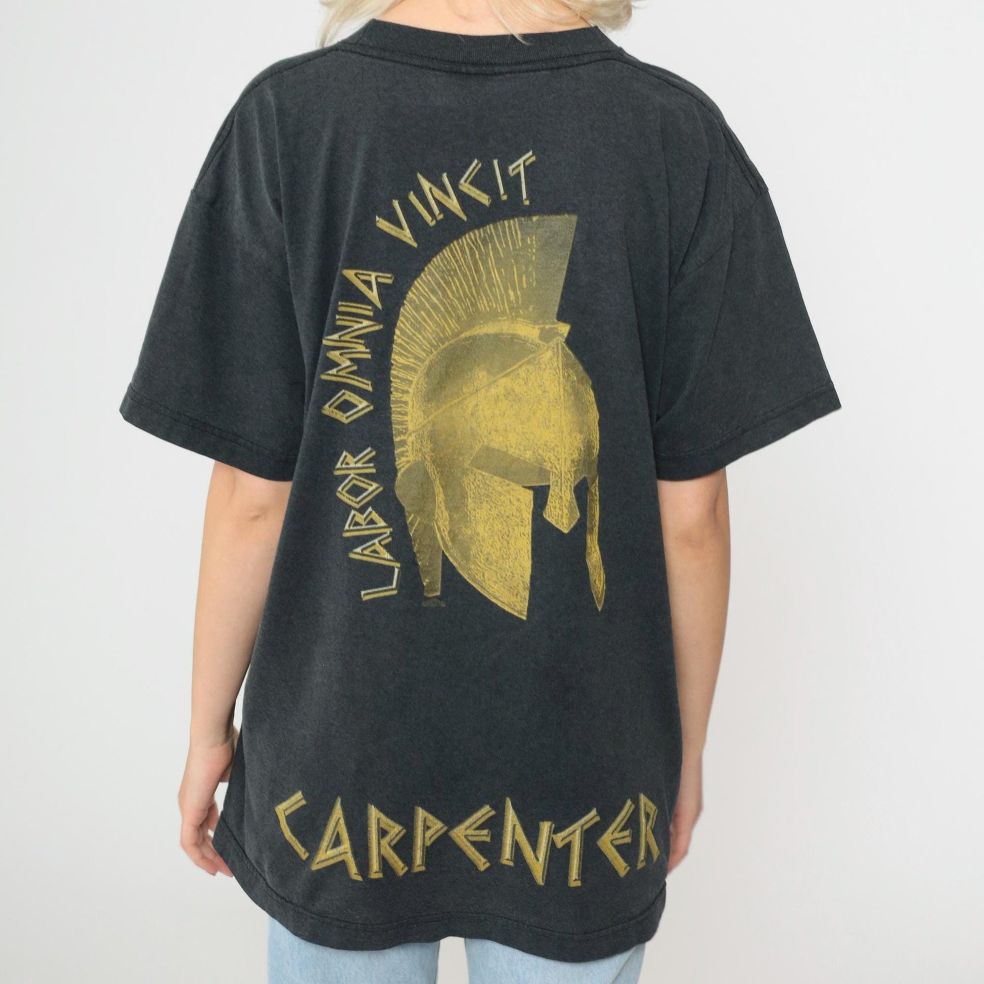 90s Carpenter T-Shirt Spartan Helmet Labor Omnia Vincit Gold Charcoal Large L
