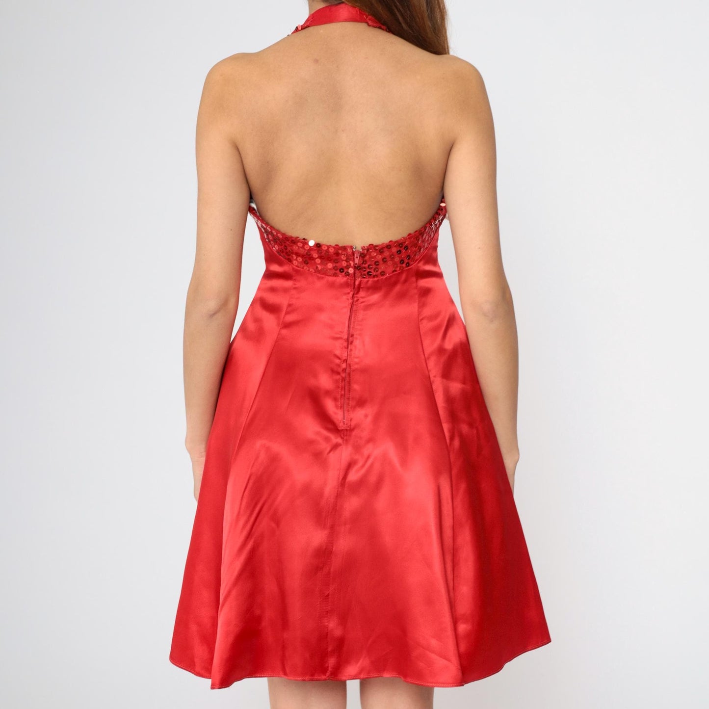 90s Zum Zum Red Satin Sequin Mini Halter Dress Open Back Medium