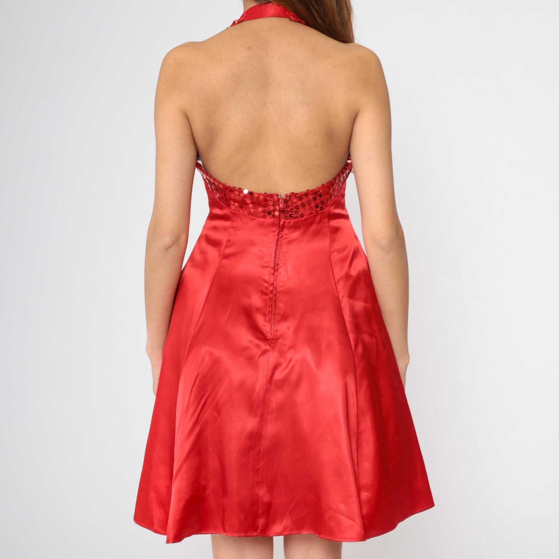 90s Zum Zum Red Satin Sequin Mini Halter Dress Open Back Medium