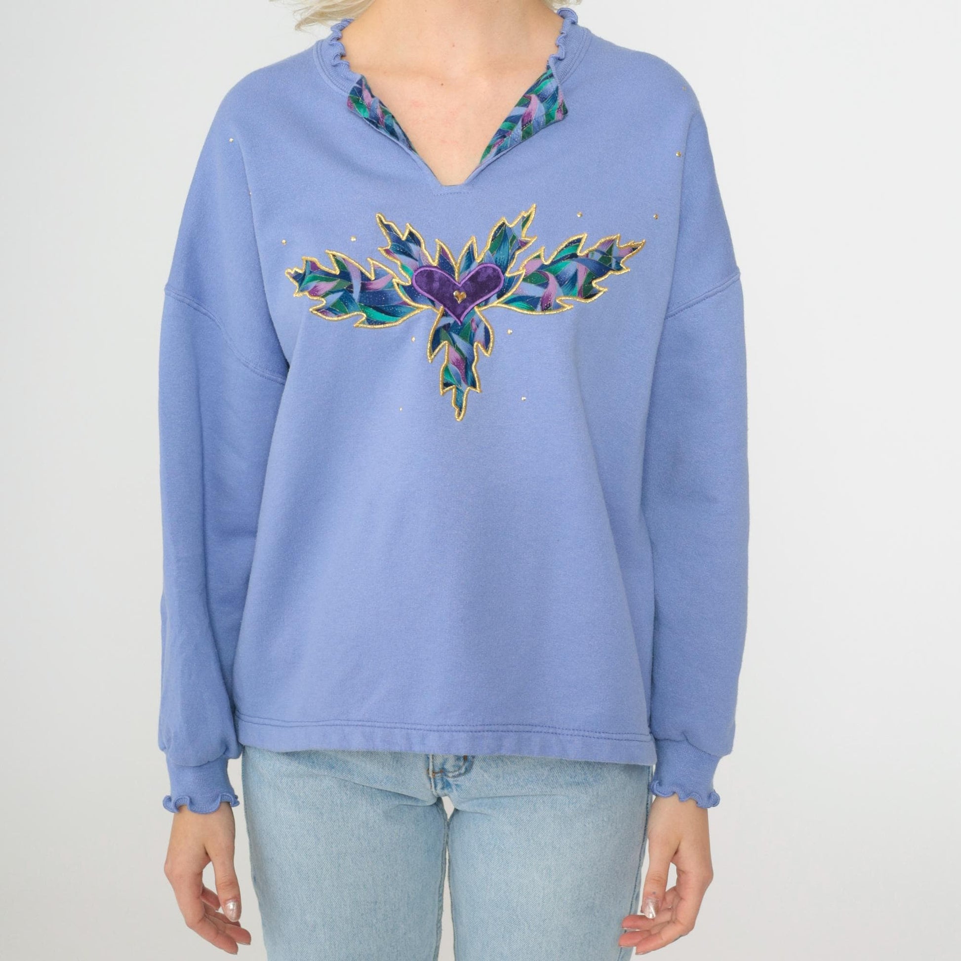 90s Jerzees Heart Leaf Studded Sweatshirt Lavender V-Neck Extra Large XXL
