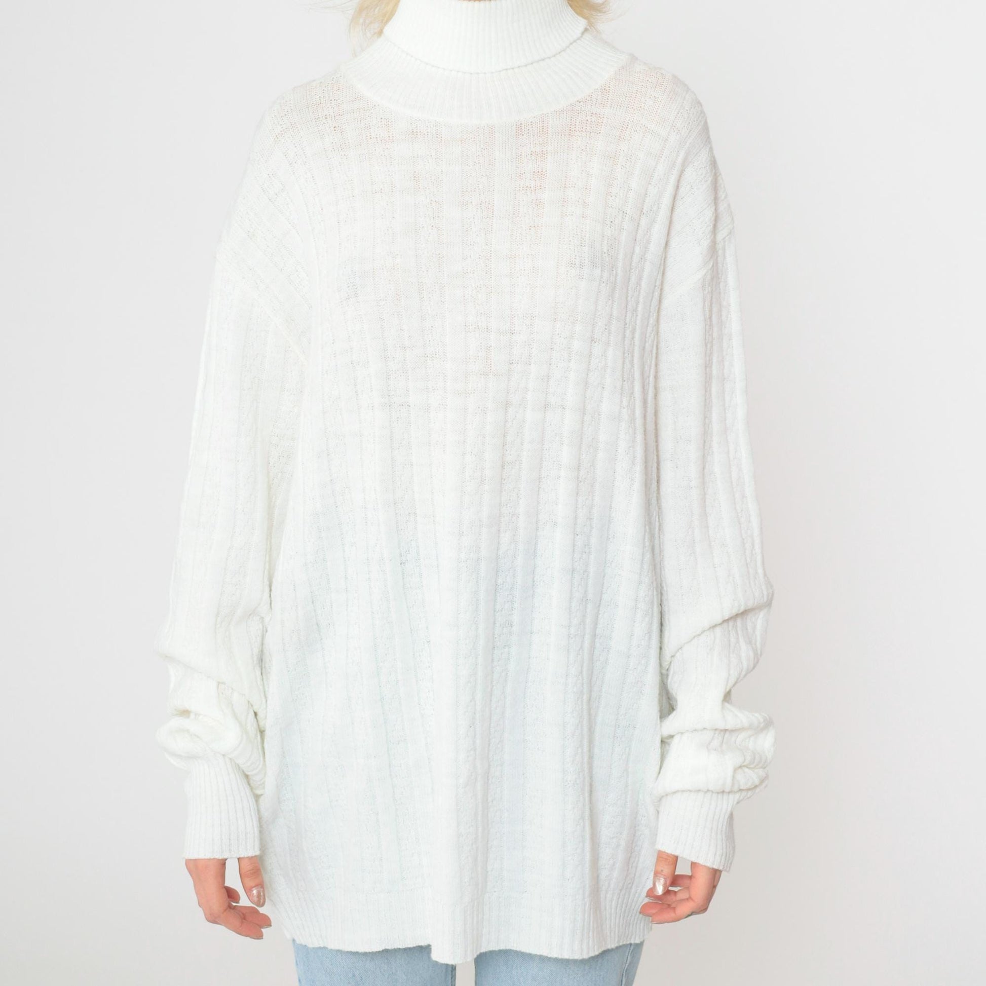 80s White Cable Knit Turtleneck Sweater Pullover Extra Large Long