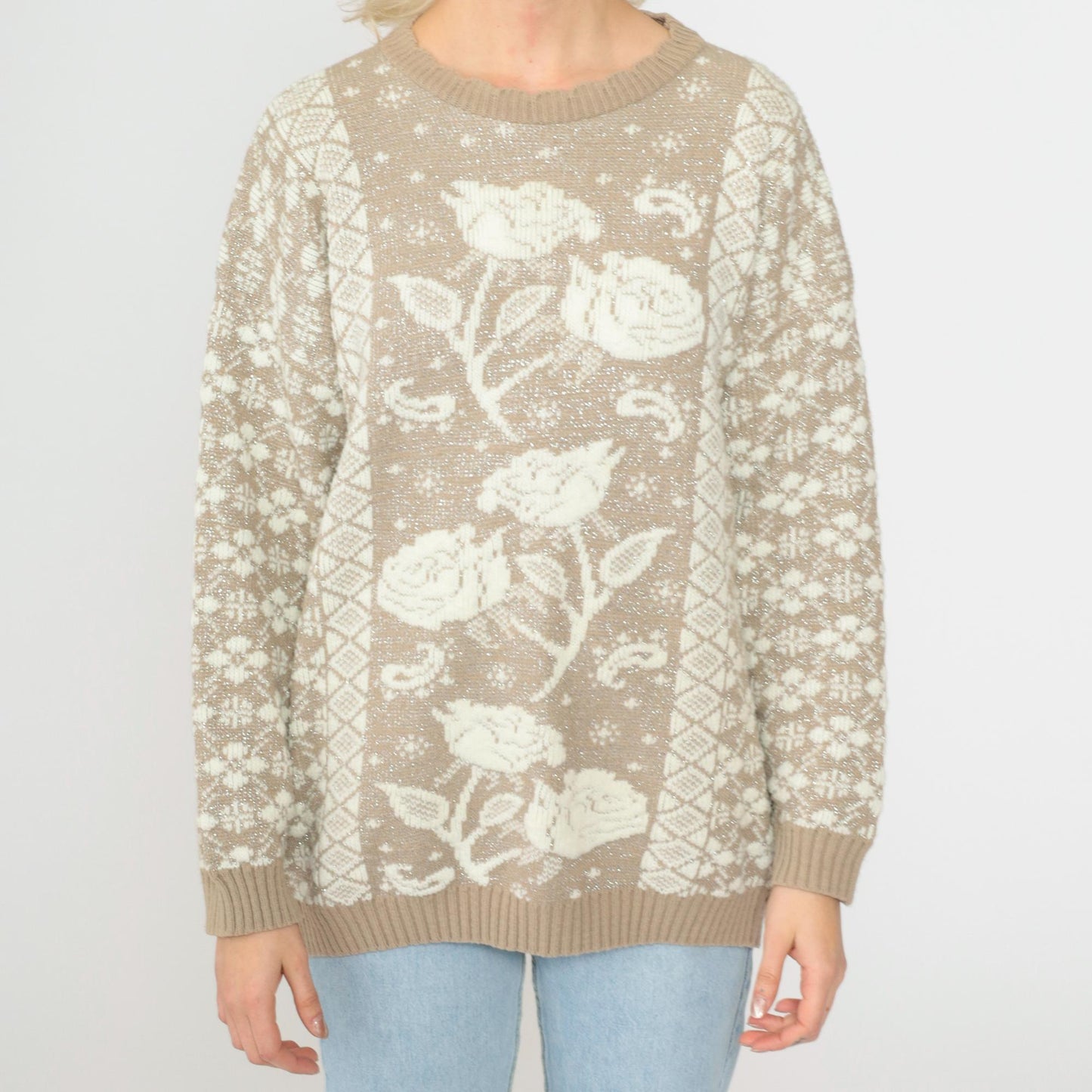 80s Metallic Floral Geometric Knit Sweater Taupe Medium M