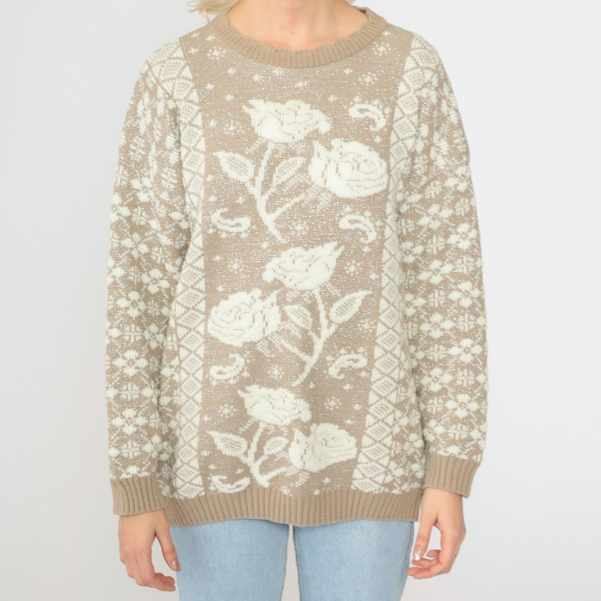 80s Metallic Floral Geometric Knit Sweater Taupe Medium M
