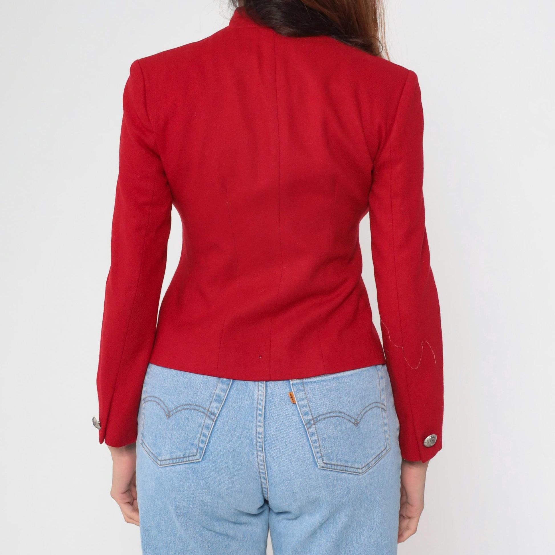 90s Red Wool Blazer Mandarin Collar Tailored Jacket Extra Small