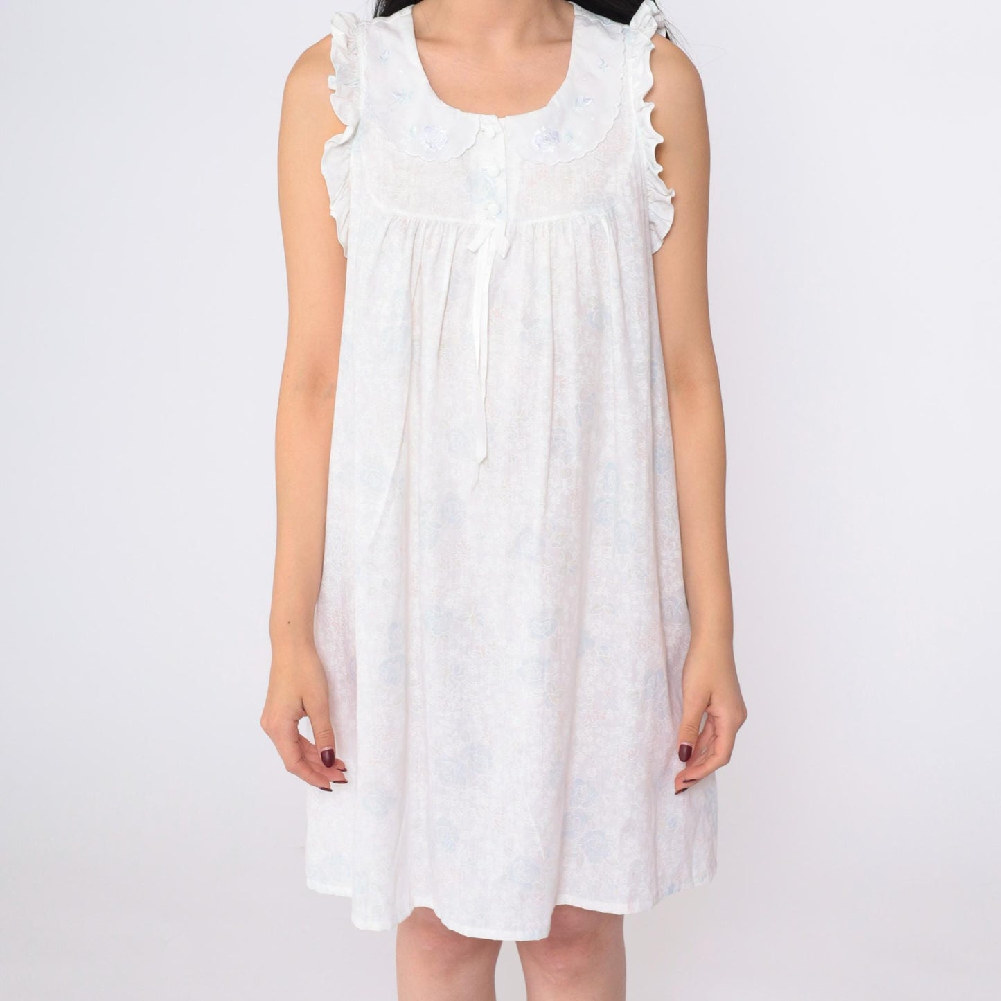 90s White Floral Nightgown Peter Pan Collar Embroidered Ruffled Mini Small