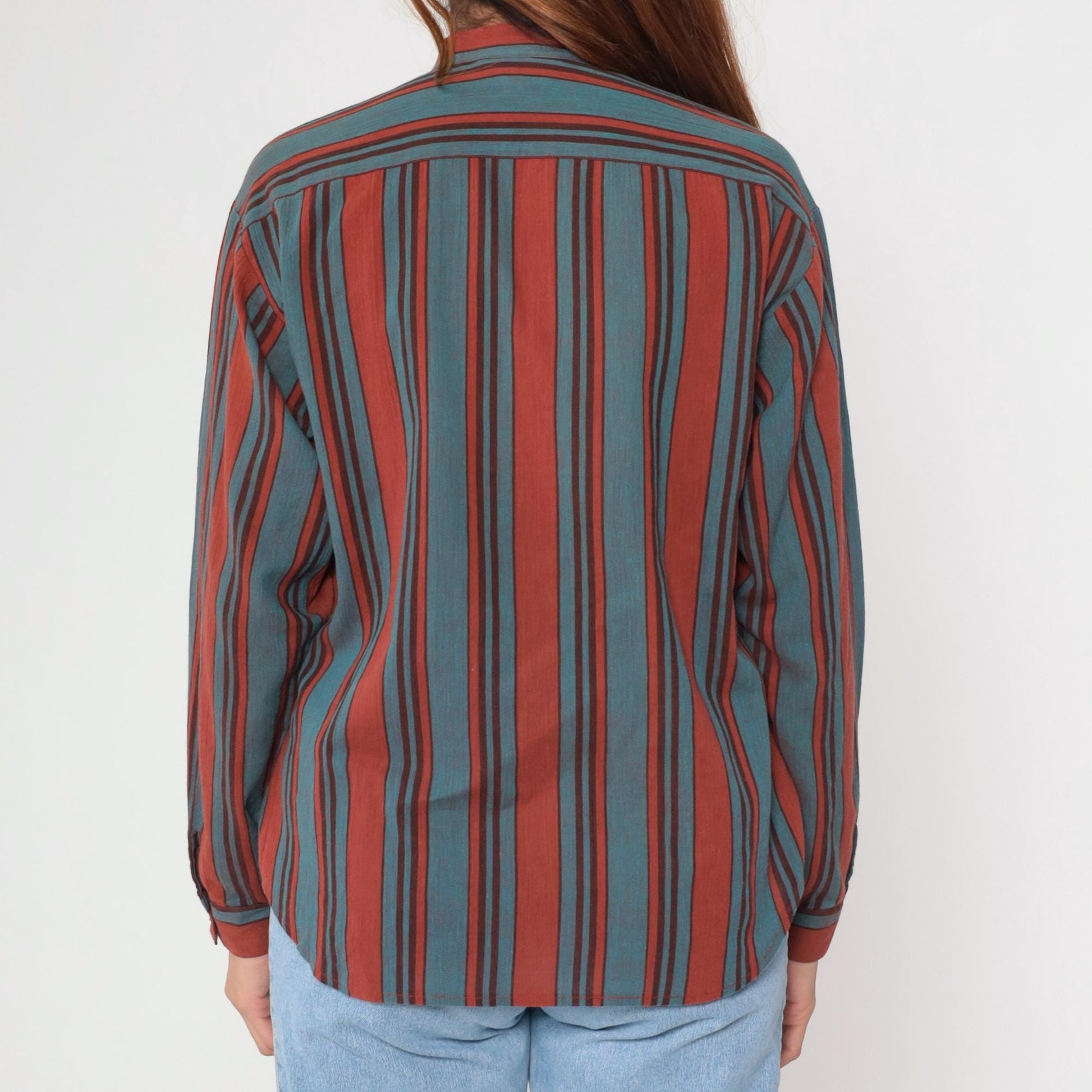 80s Lady Manhattan Striped Button-Up Blouse Rust Red Turquoise Mandarin Collar Large