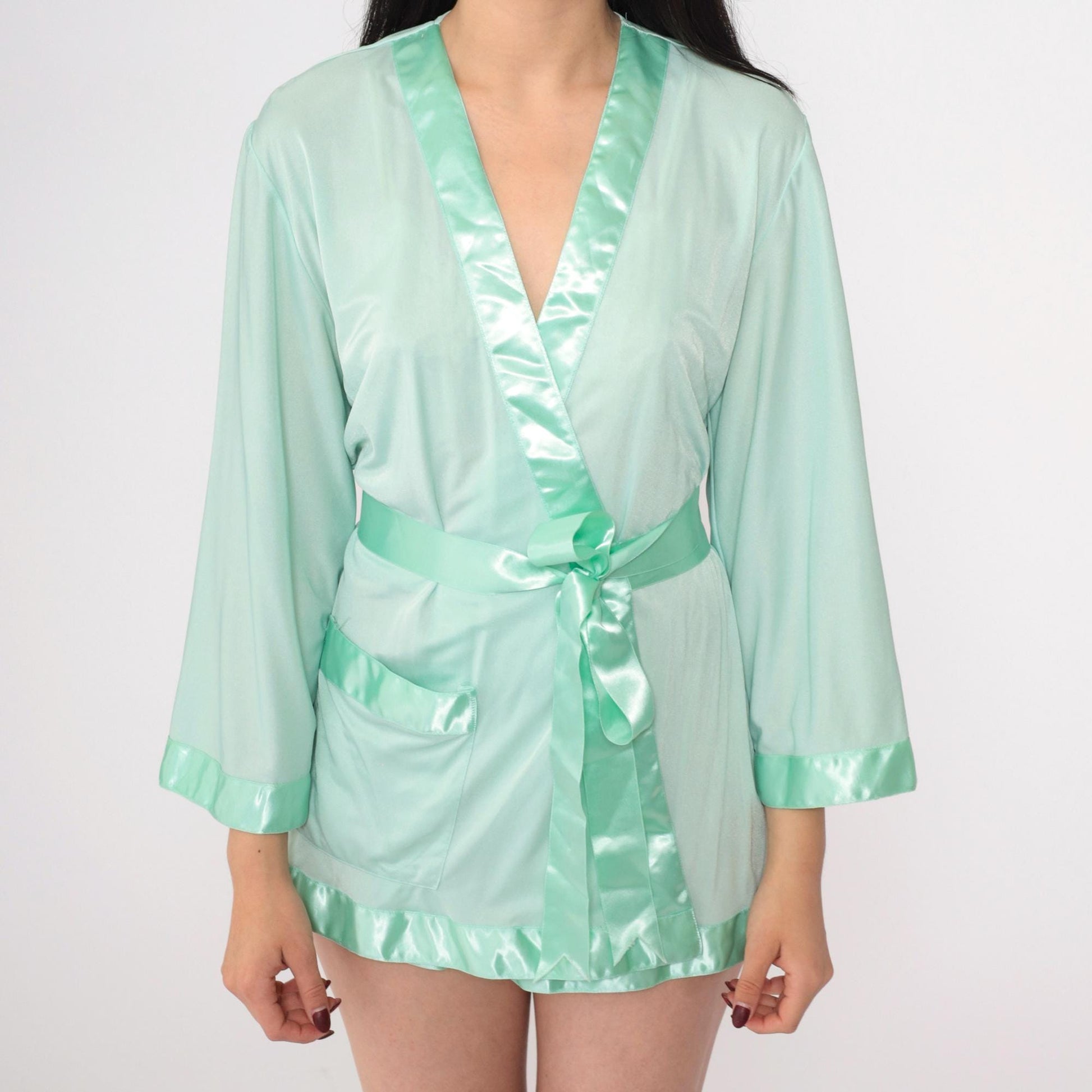 80s Mint Green Satin Trim Pajama Robe Wrap Tie Front Mini Medium
