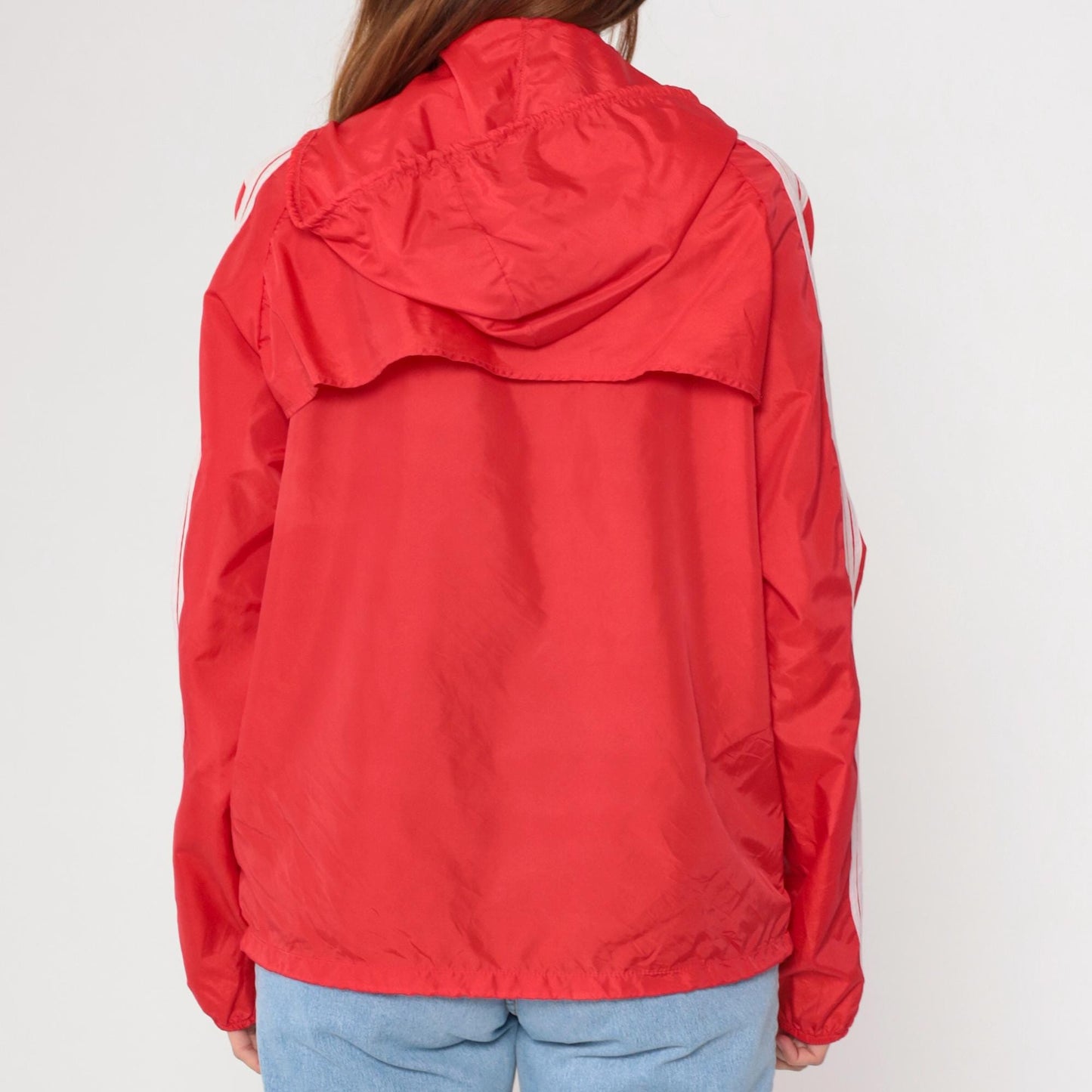 90s SUB4 Red Nylon Windbreaker Hooded Jacket Striped Sleeves Medium