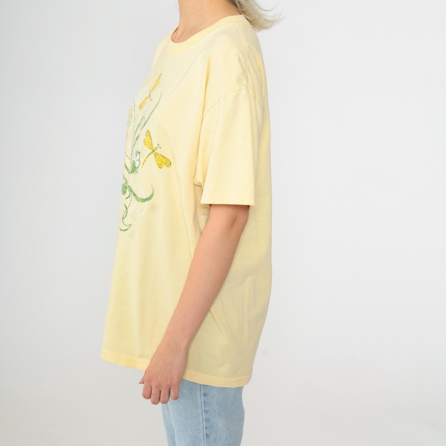 Y2K Dragonfly Floral Graphic Tee Yellow Short Sleeve Crewneck Medium
