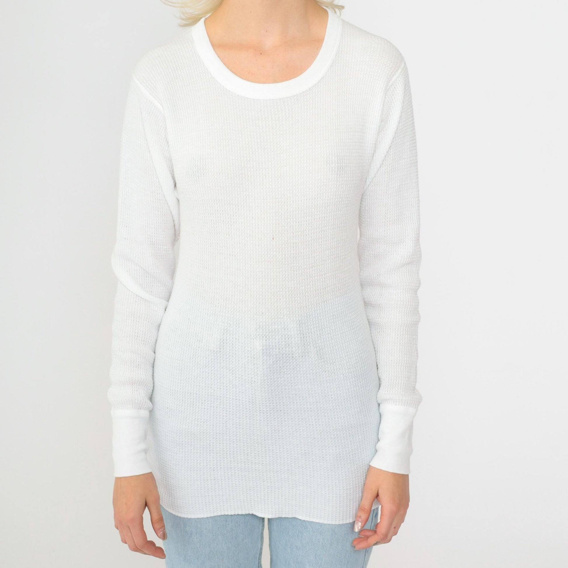 80s White Thermal Waffle Knit Long Sleeve Undershirt Small