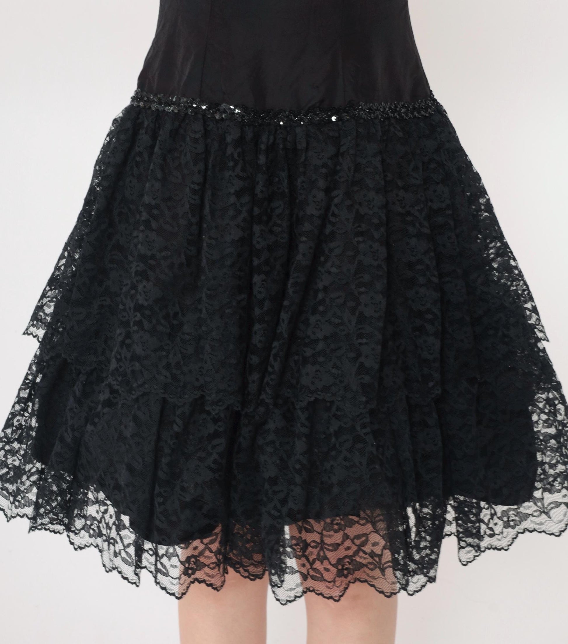 80s Black Lace Midi Dress Sweetheart Neckline Sequin Spaghetti Strap Extra Small