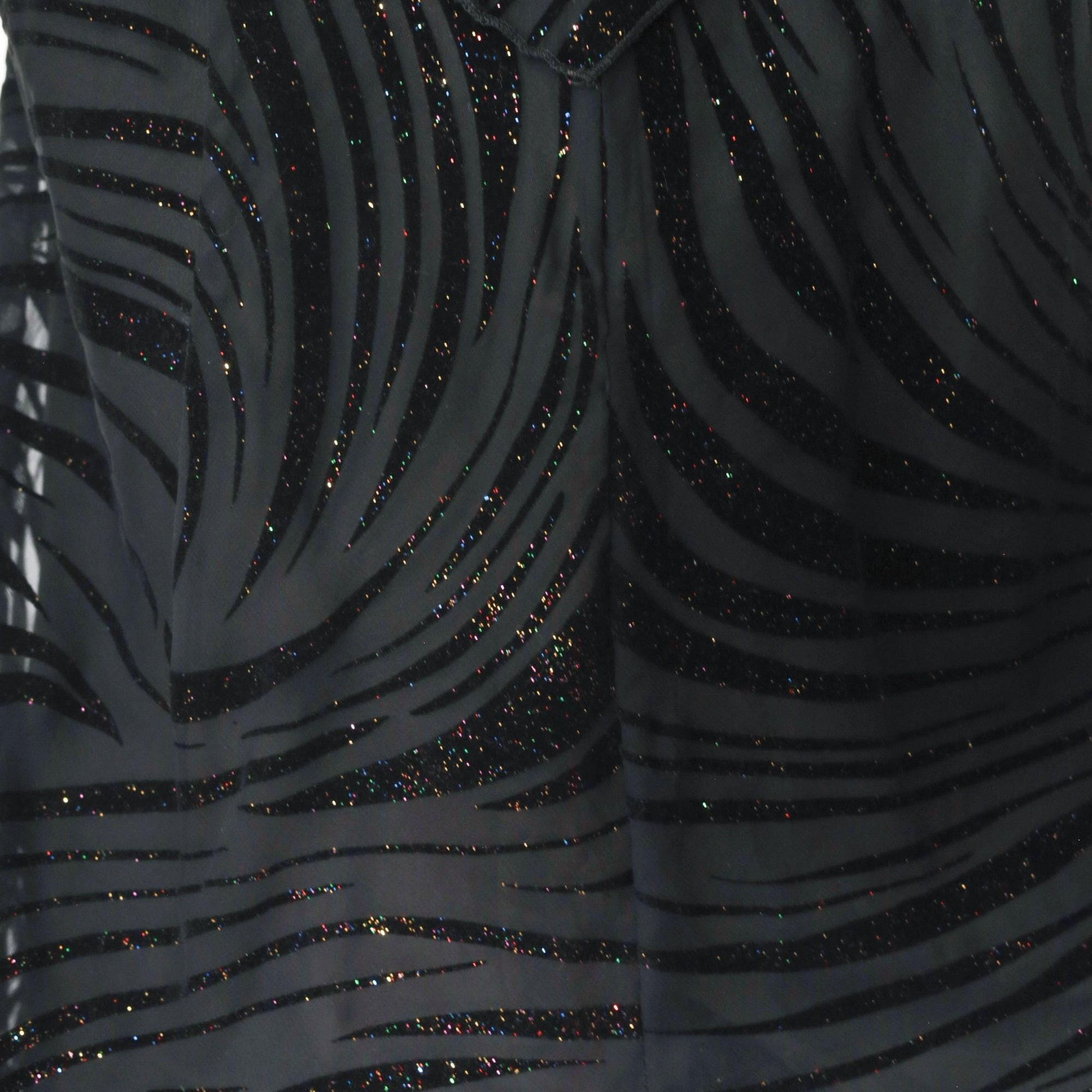 90s Black Glitter Tiger Stripe Dress Flutter Sleeve V-Neck Ankle Length Large L