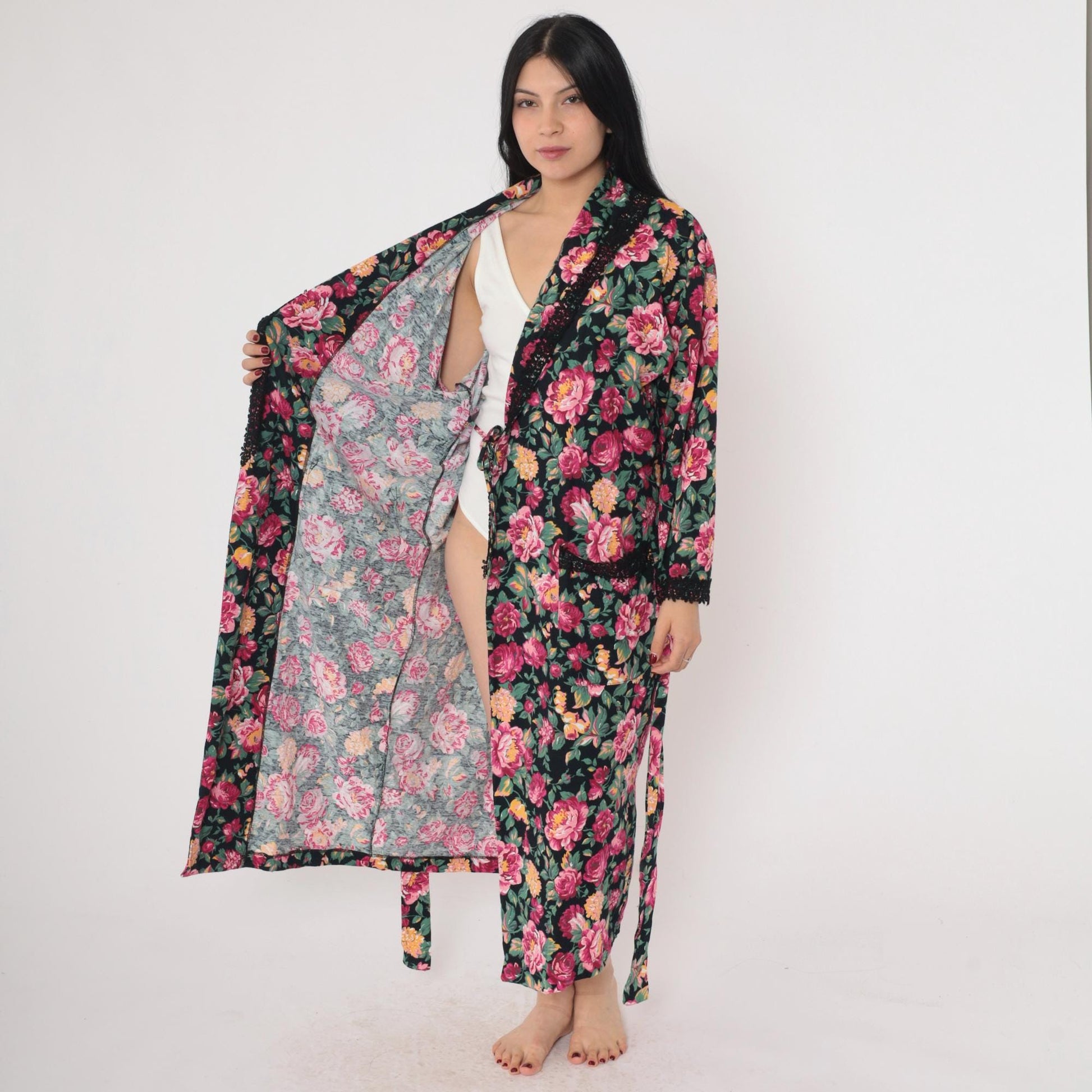 90s Victoria's Secret Floral Robe Pink Black Lace Trim Wrap Ankle Length Small Petite