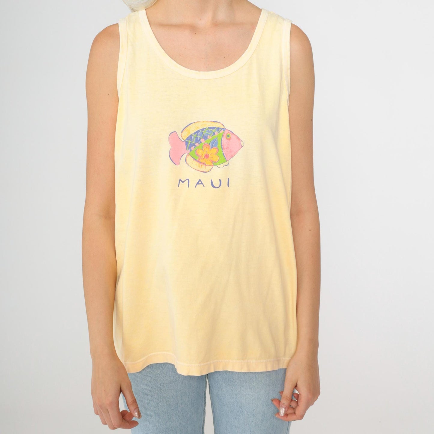 90s Maui Fish Shirt Yellow Tropical Tank Top Cotton Medium