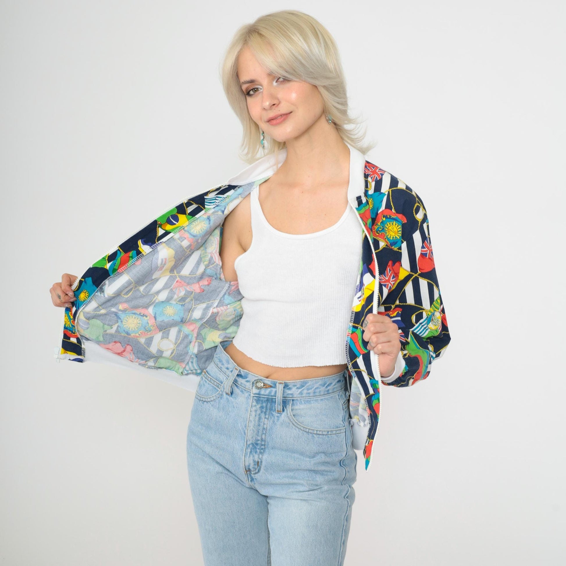 90s Nautical Windbreaker Jacket World Flags Print Navy Blue Medium