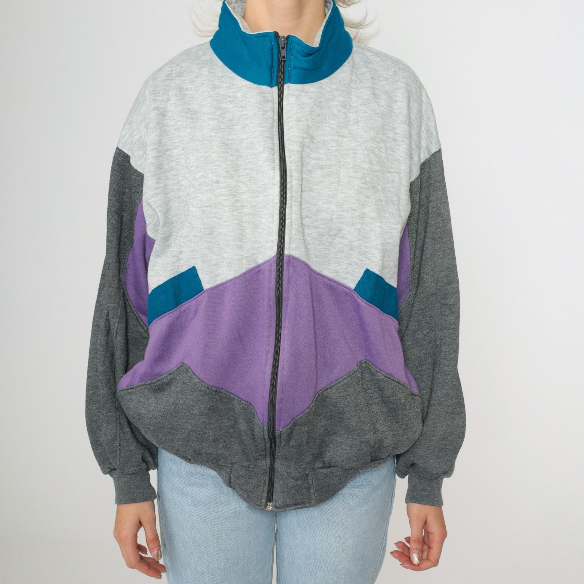 90s Colorblock Zip Sweatshirt Grey Purple Track Jacket Large L