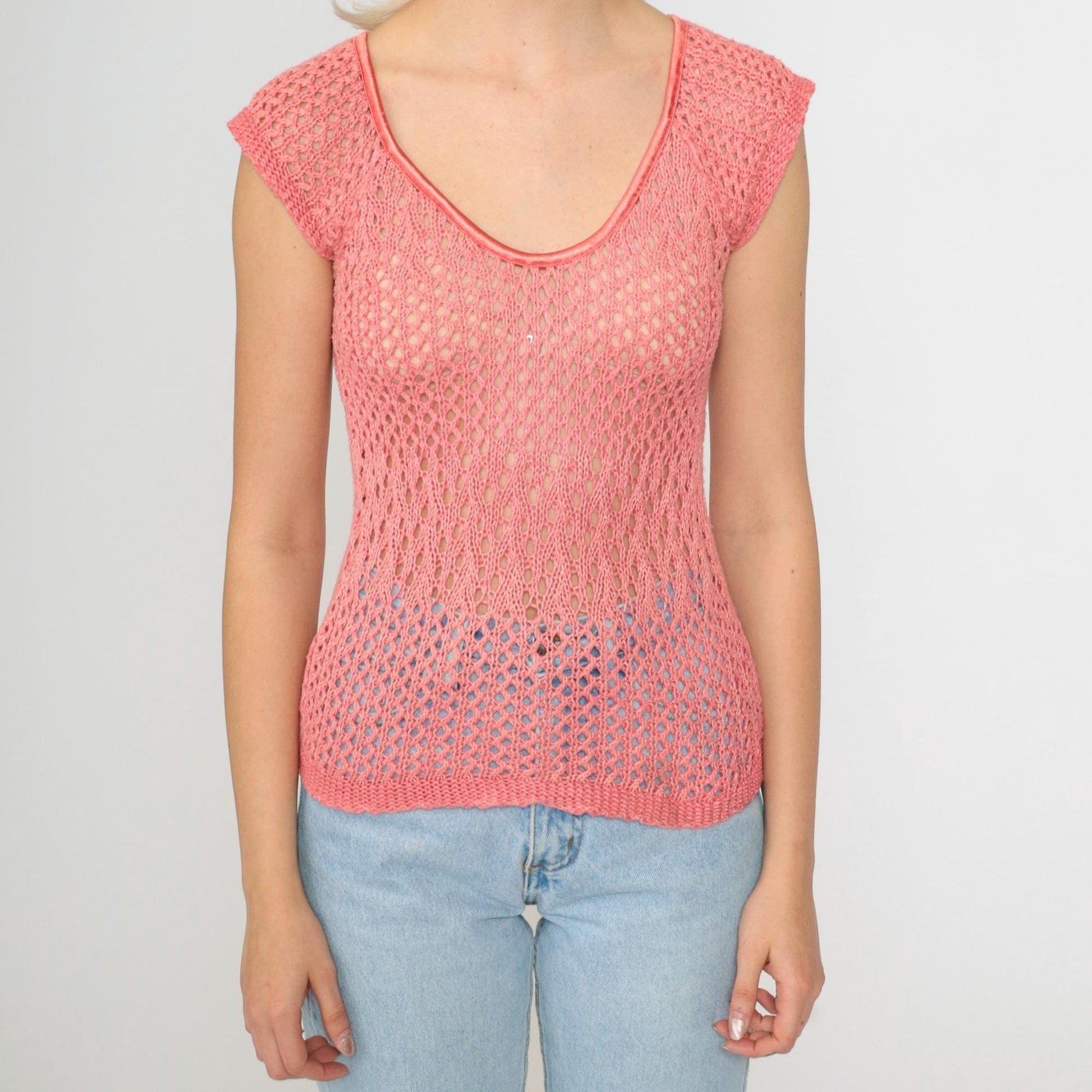 90s Pink Crochet Short Sleeve Top Sheer Knit Blouse Small
