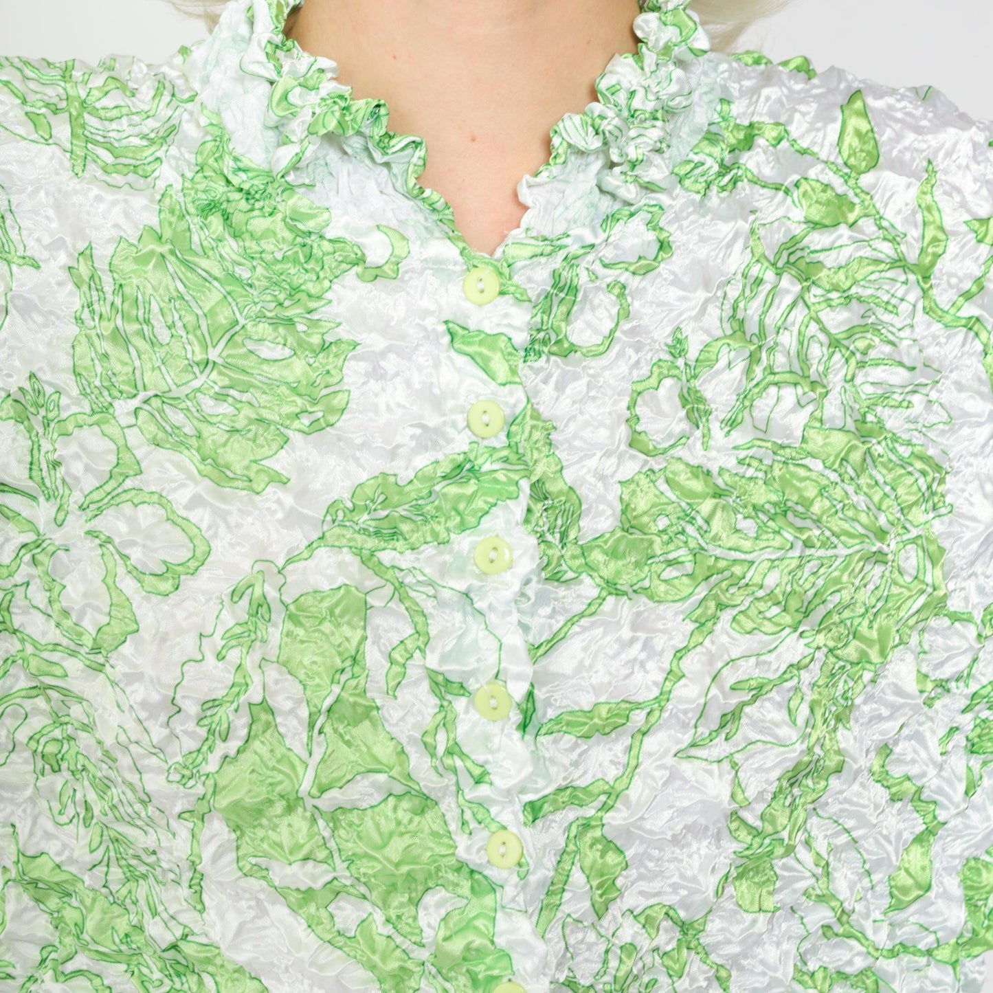 Y2K Tropical Leaf Popcorn Shirt White Green Long Sleeve Button Up Small