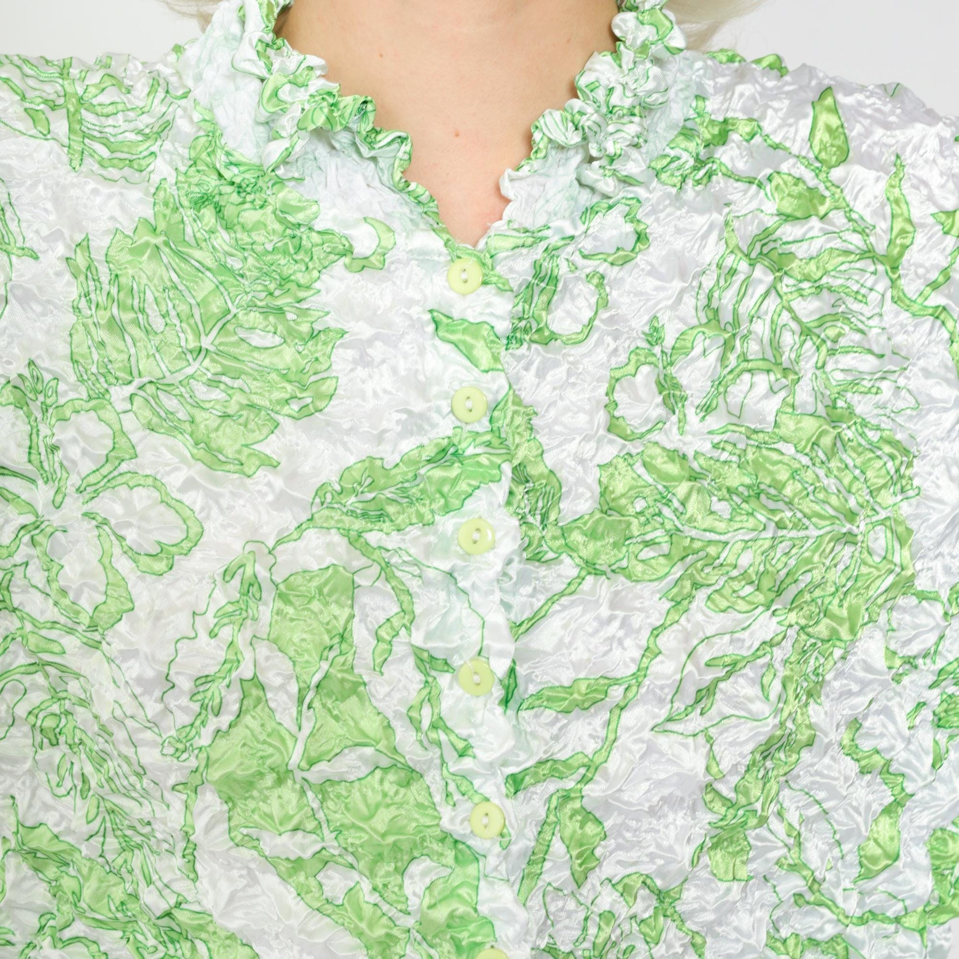 Y2K Tropical Leaf Popcorn Shirt White Green Long Sleeve Button Up Small
