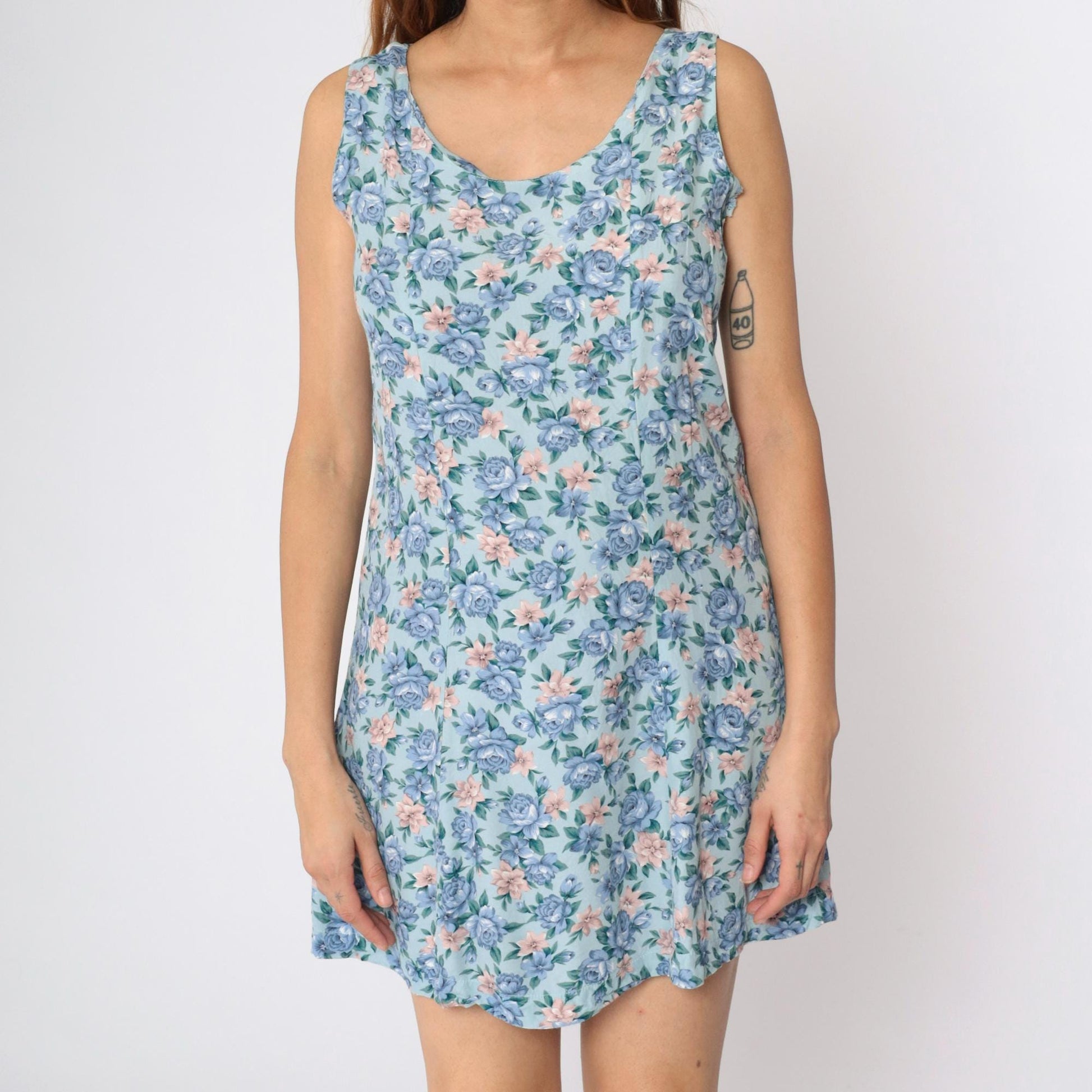 90s Pink Floral Blue Rayon Mini Dress Sleeveless A-Line Medium