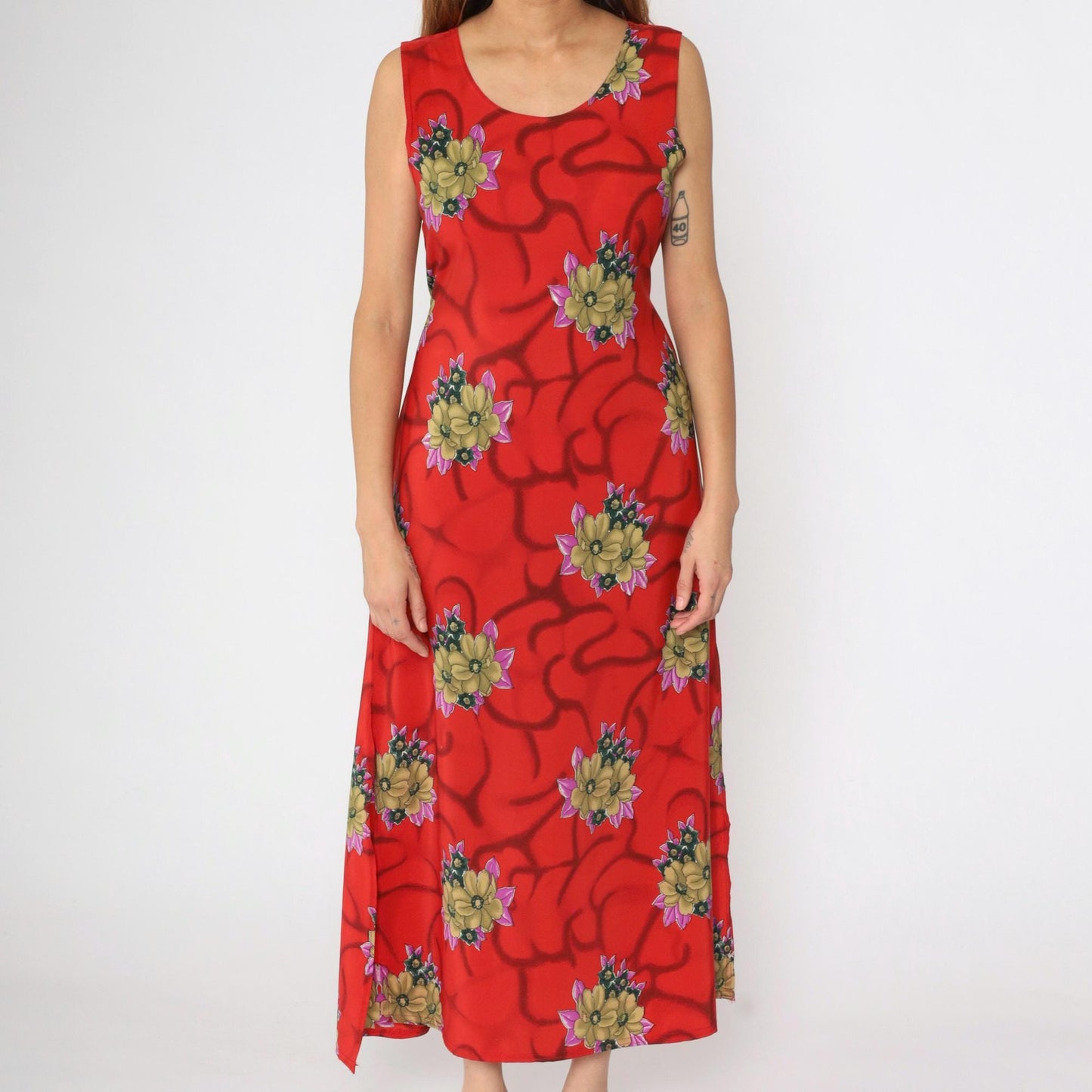 90s Red Floral Maxi Dress Sleeveless Scoop Neck Small S