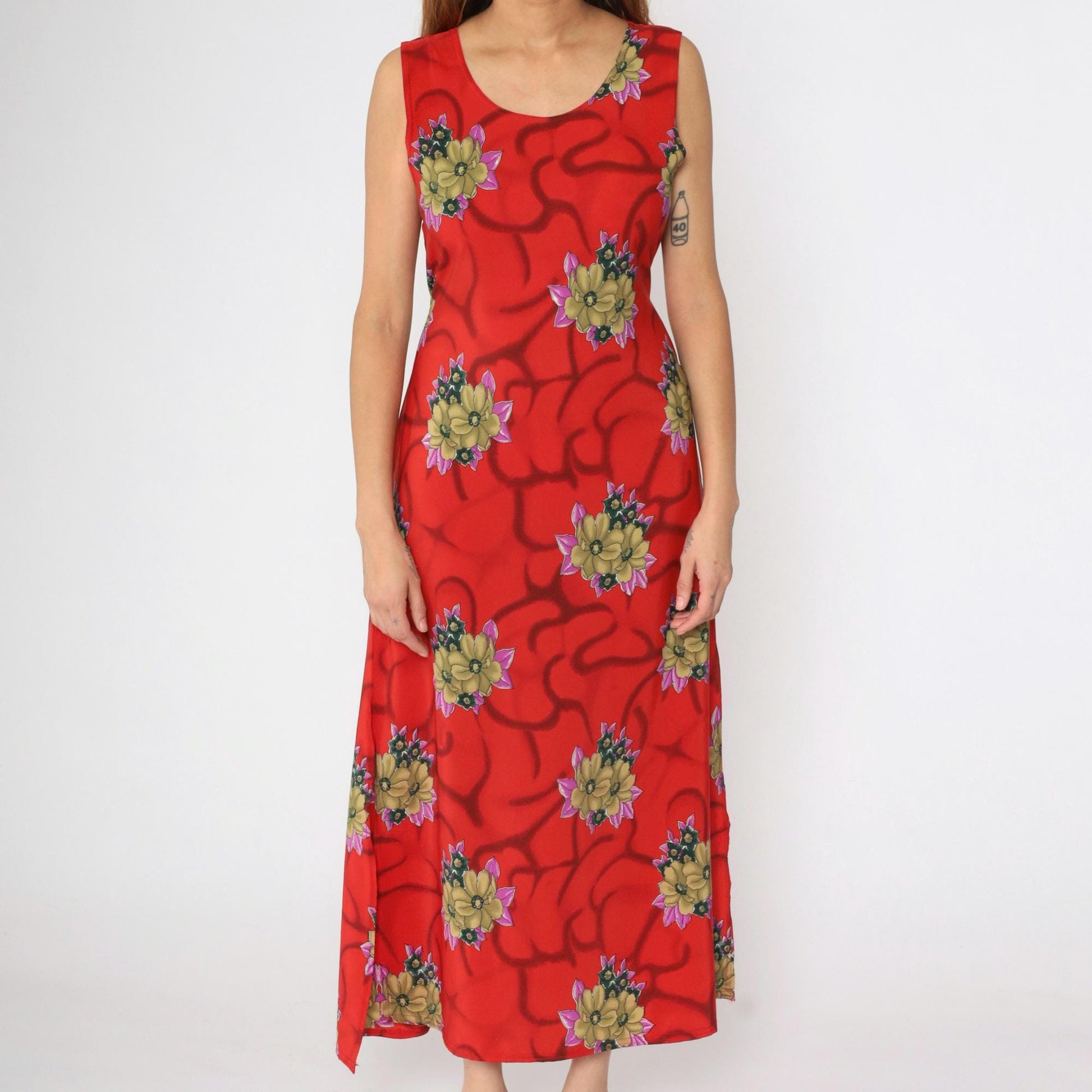 90s Red Floral Maxi Dress Sleeveless Scoop Neck Small S