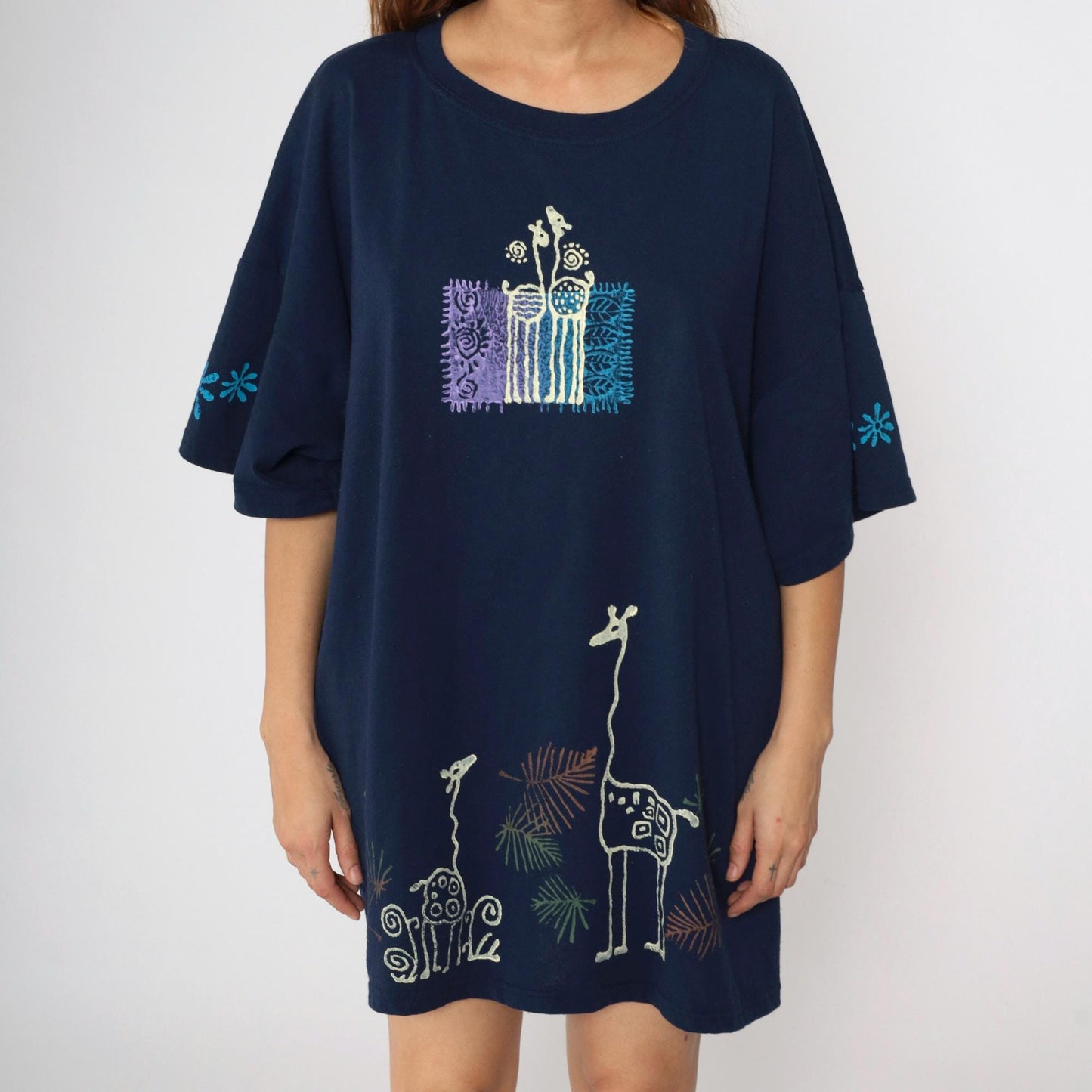 90s Giraffe Print T-Shirt Dress Navy Blue Graphic Mini Plus Size XXL