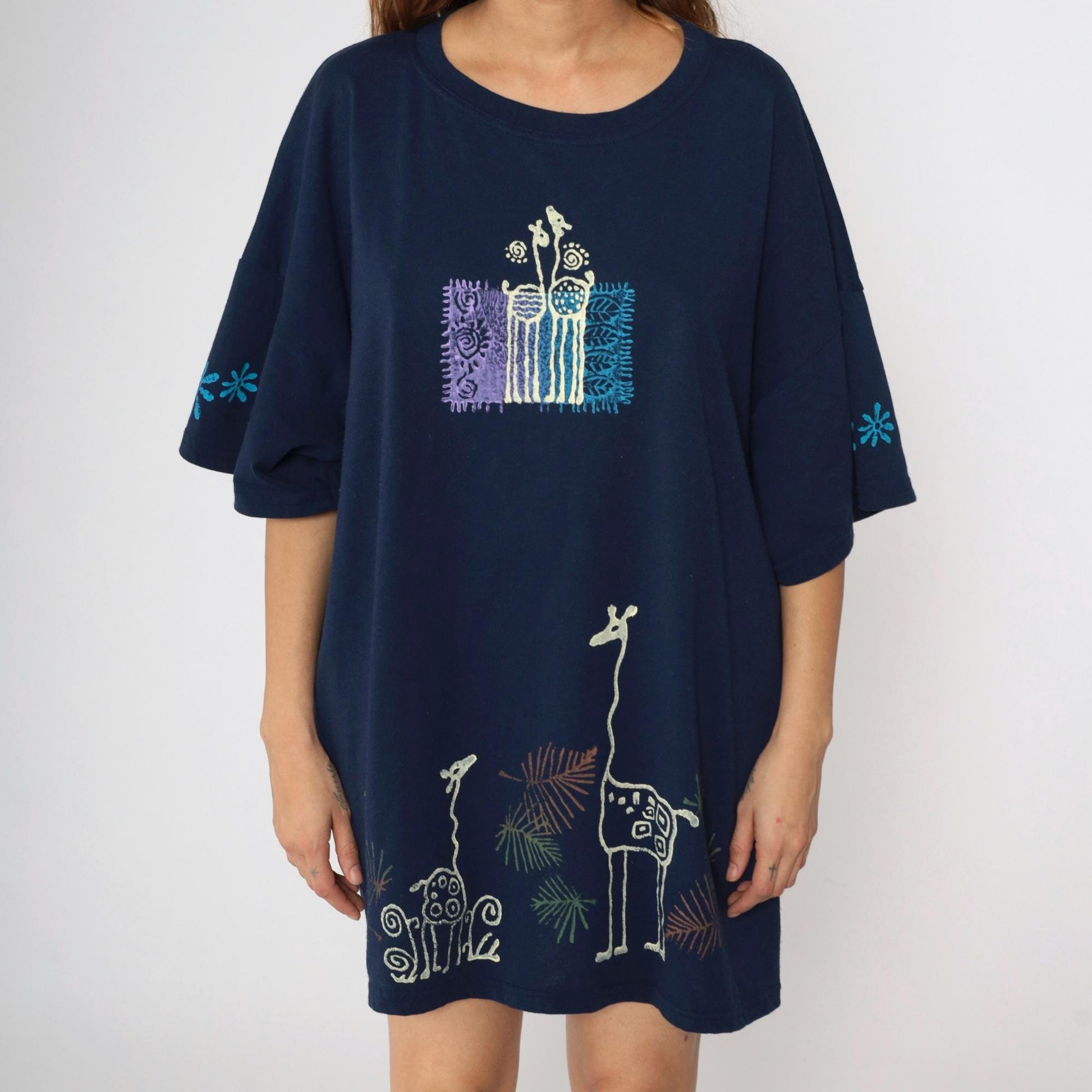 90s Giraffe Print T-Shirt Dress Navy Blue Graphic Mini Plus Size XXL