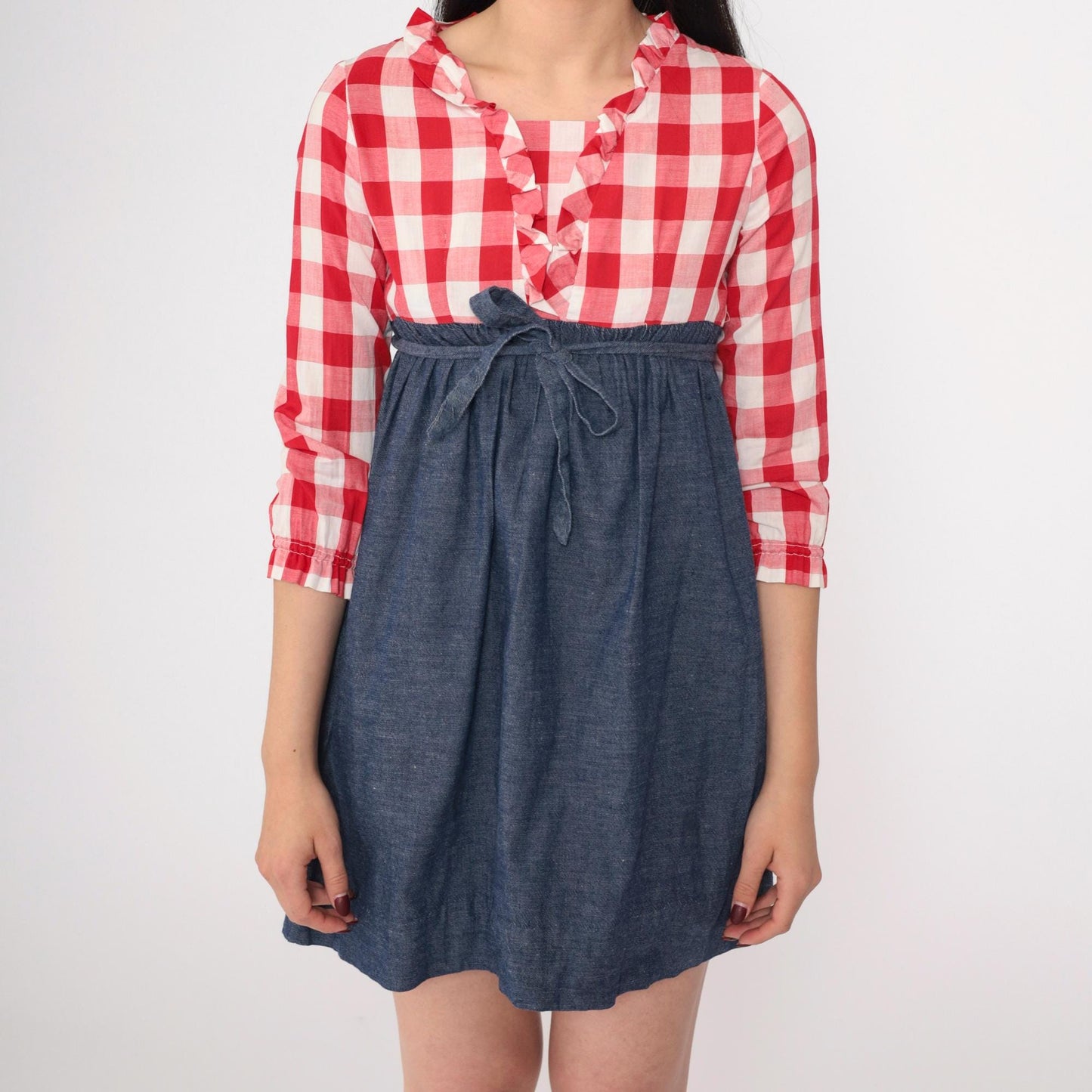 70s Babydoll Mini Dress Red Buffalo Plaid Empire Waist Ruffled Neckline XS