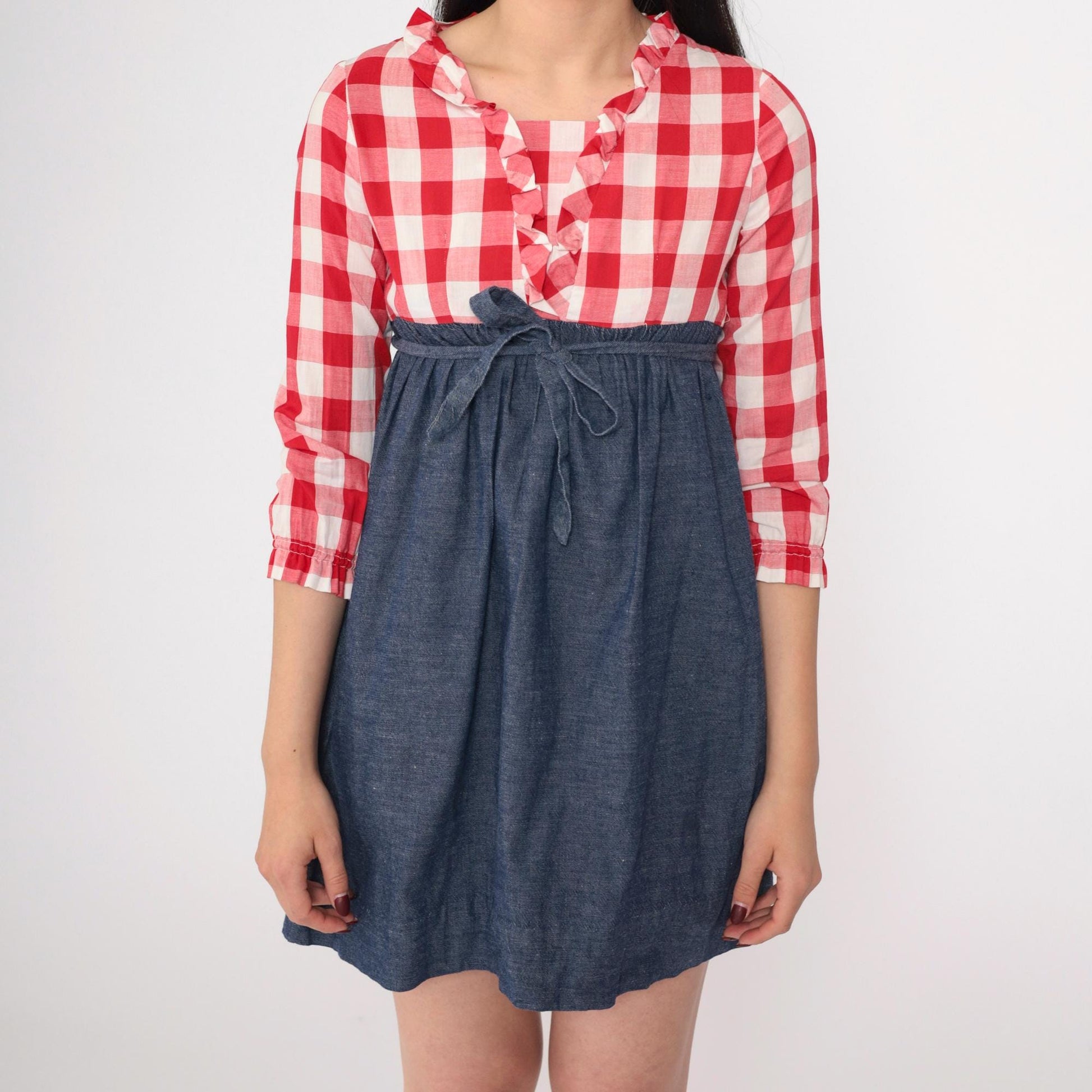 70s Babydoll Mini Dress Red Buffalo Plaid Empire Waist Ruffled Neckline XS