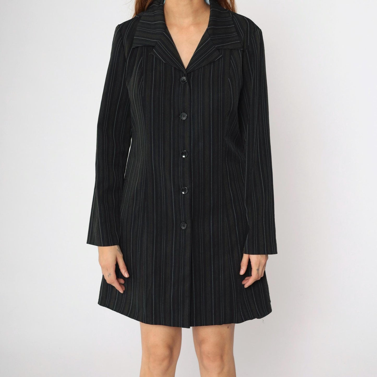 90s Black Pinstripe Jacket Dress Suits Us Collared Button-Front Medium