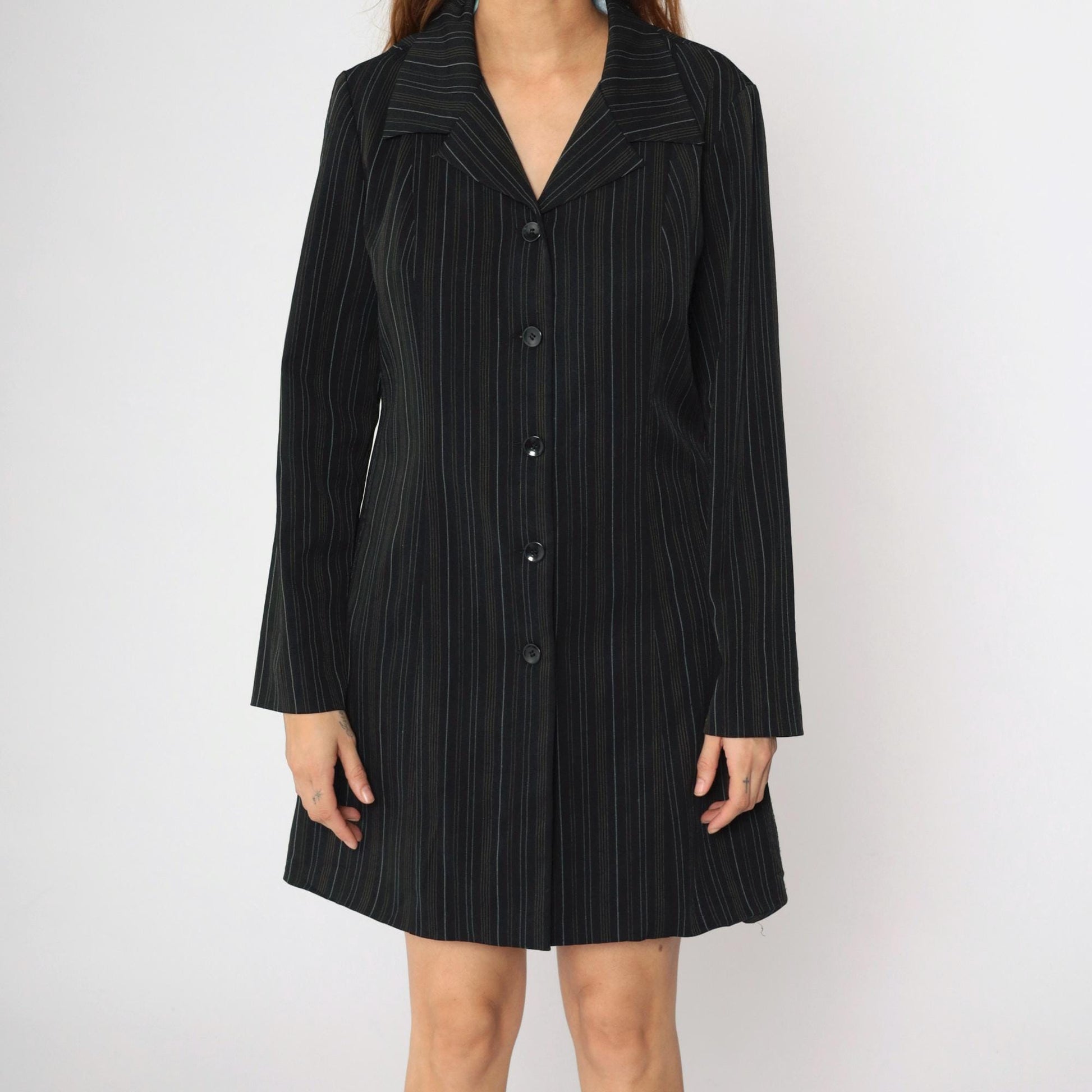 90s Black Pinstripe Jacket Dress Suits Us Collared Button-Front Medium