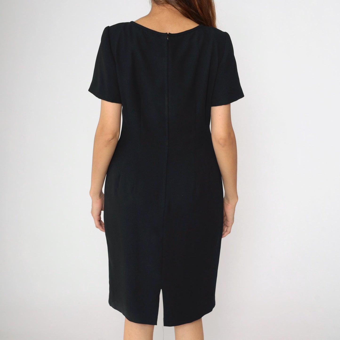 90s Maggy London Black Knee-Length Sheath Dress Rhinestone Clasp Medium
