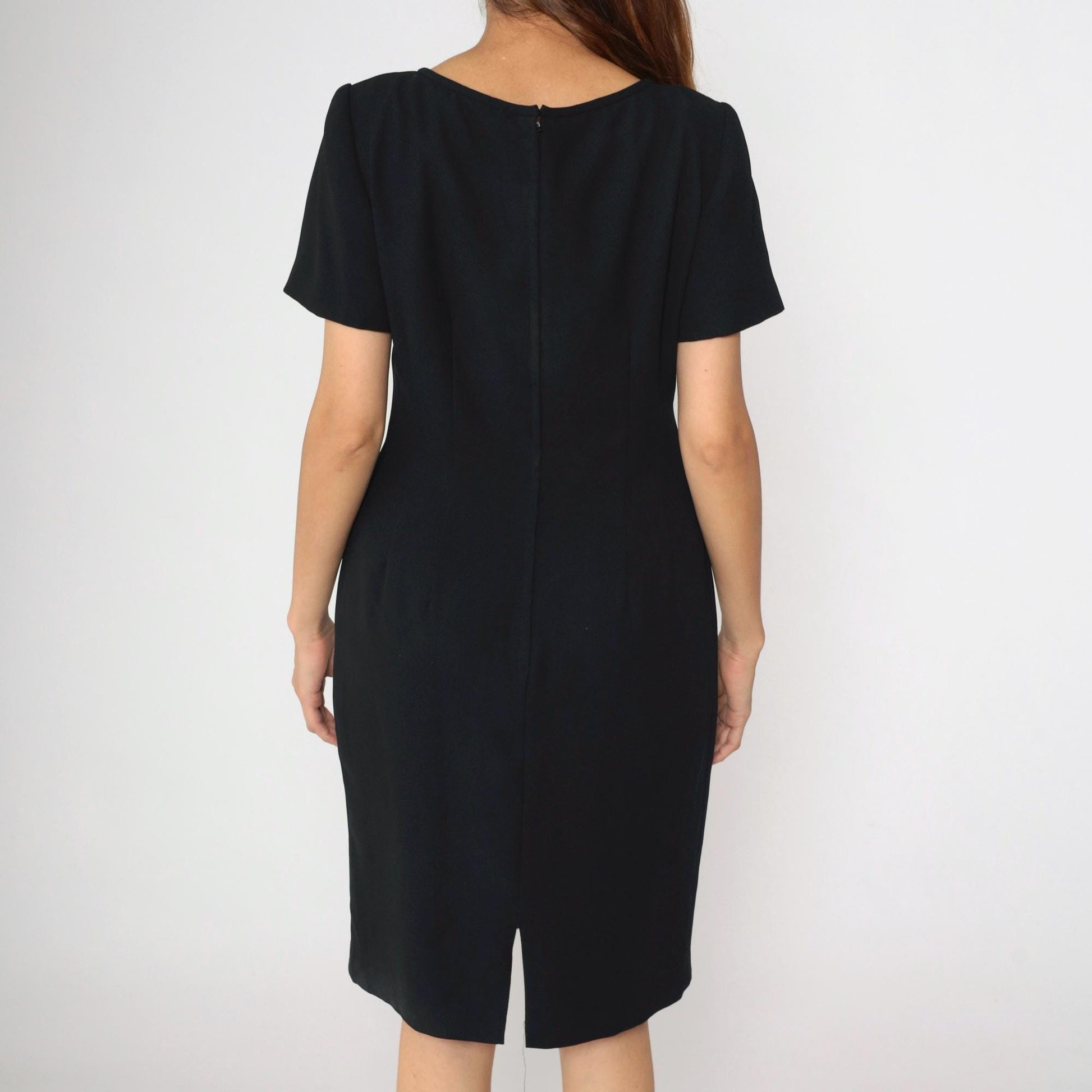 90s Maggy London Black Knee-Length Sheath Dress Rhinestone Clasp Medium
