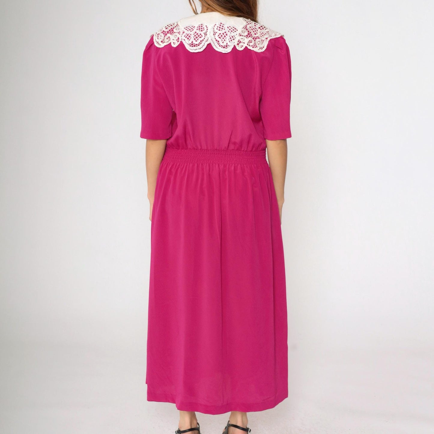 80s Fuchsia Pearl Beaded Lace Collar Button-Up Dress Puff Sleeve Ankle Length Medium