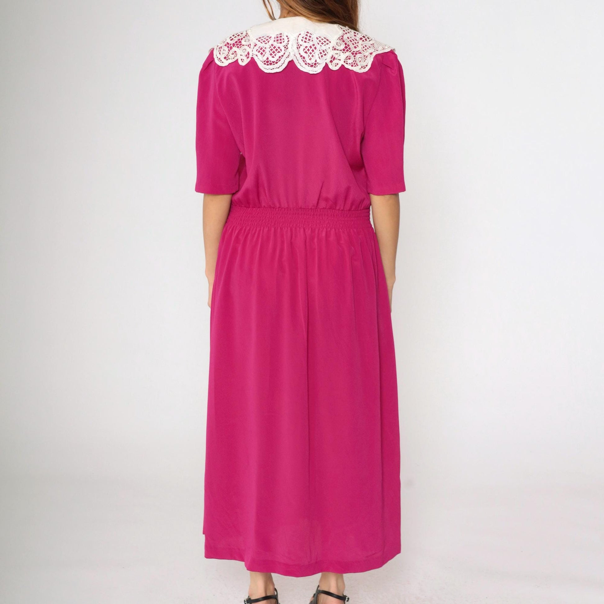 80s Fuchsia Pearl Beaded Lace Collar Button-Up Dress Puff Sleeve Ankle Length Medium