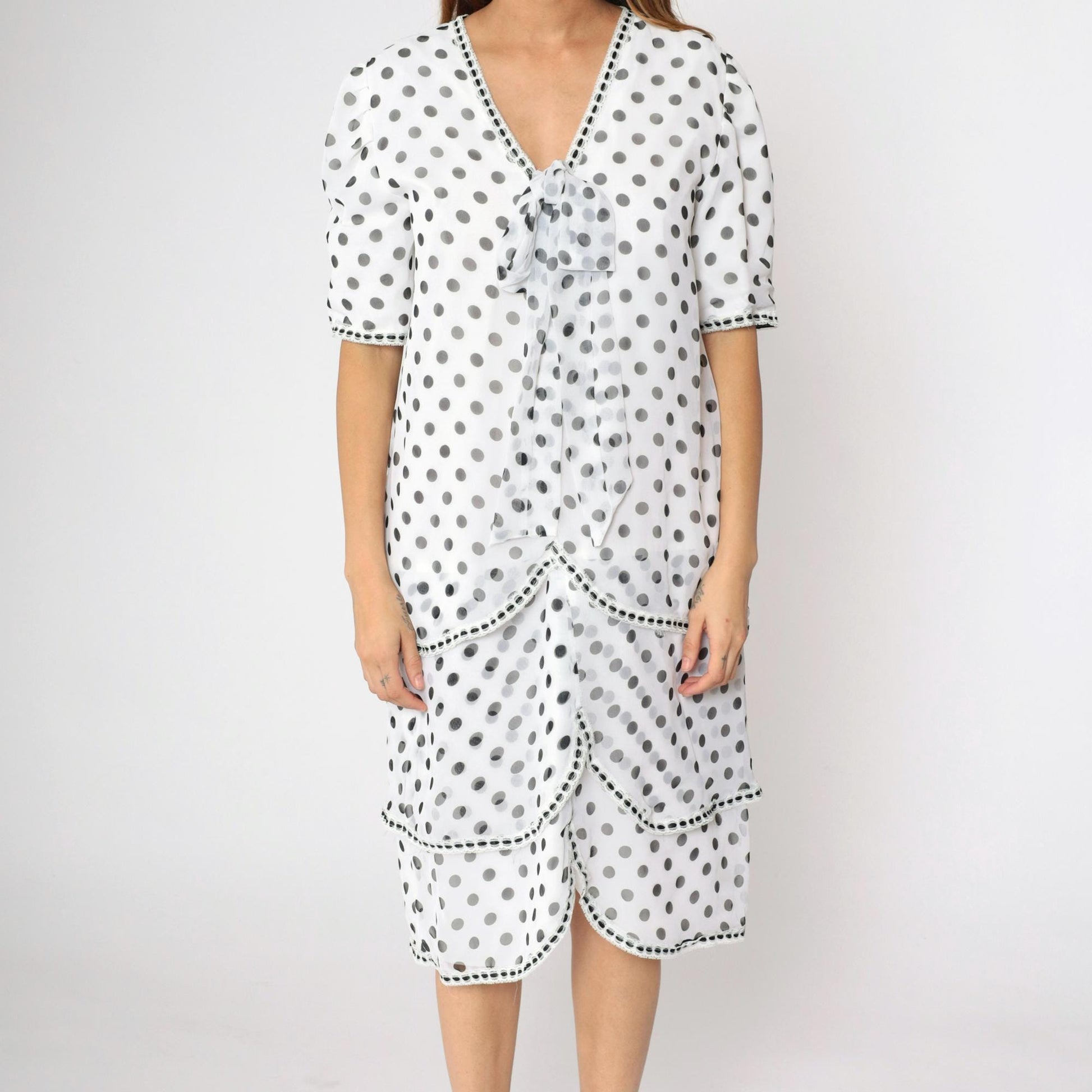 80s White Polka Dot Chiffon Midi Dress Puff Sleeve Ascot Bow Medium