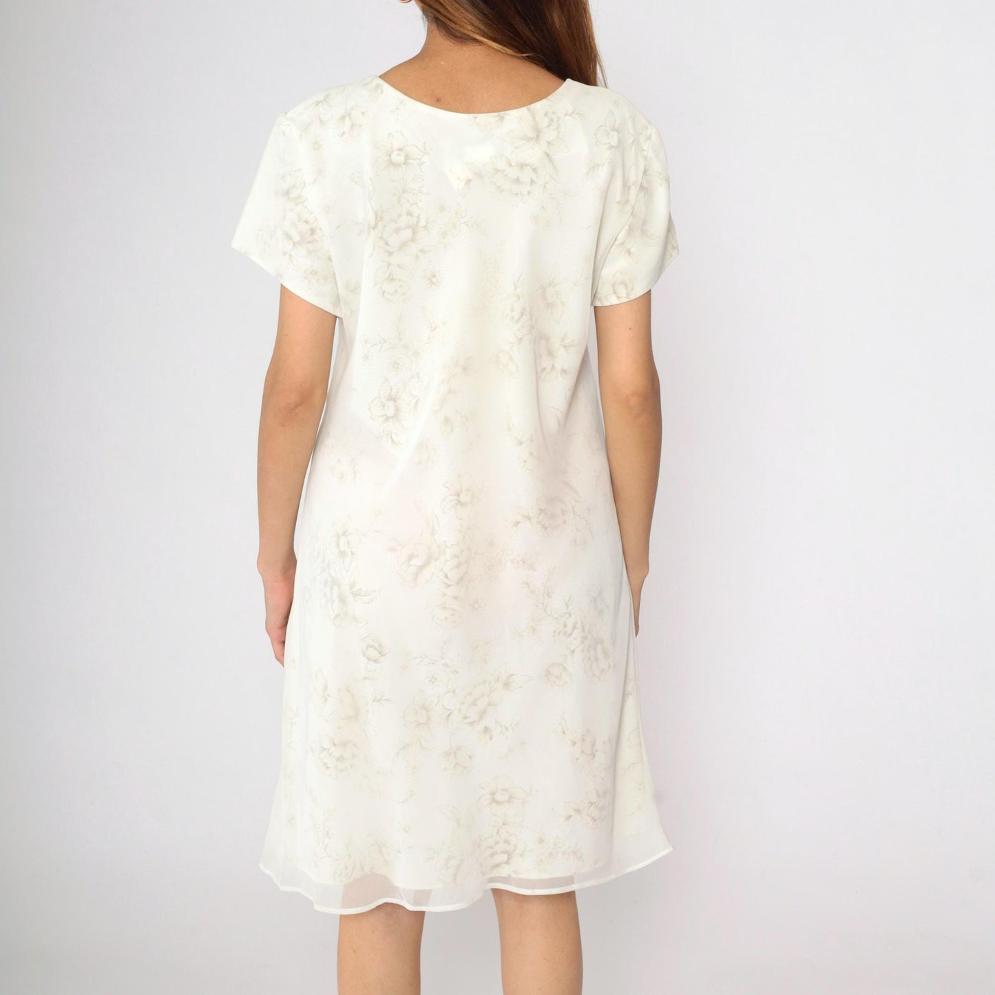 90s Jessica Howard Floral Mini Dress Cream Chiffon Shift Short Sleeve Large